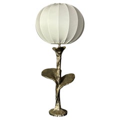 Solid brass silver custom made flower lamp with cocoon fabric shade, 1970s