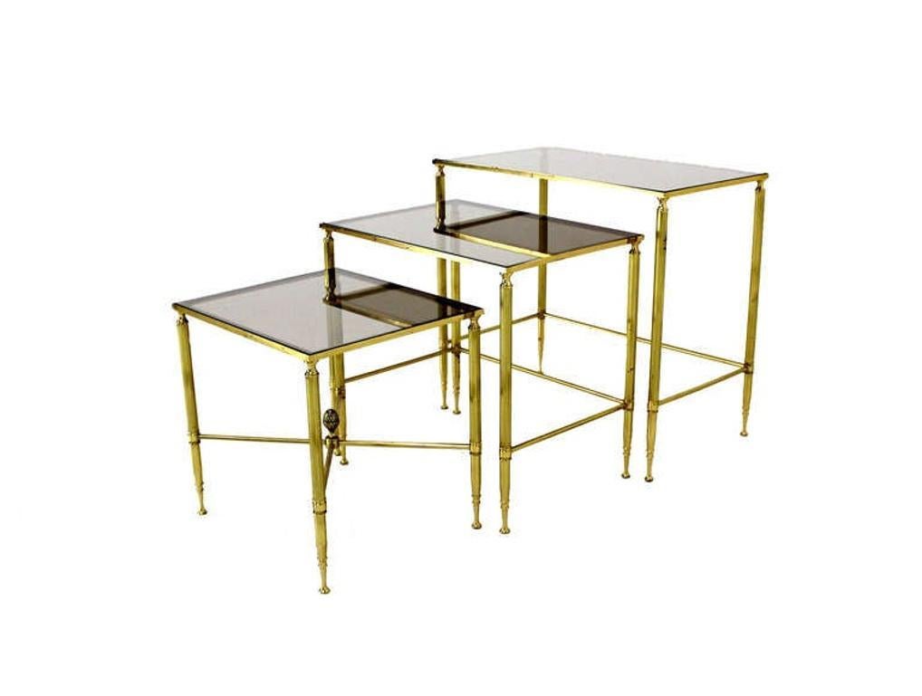 Solid Brass Smoked Glass Set of Three Nesting Stacking Side Occasional Tables In Good Condition For Sale In Rockaway, NJ