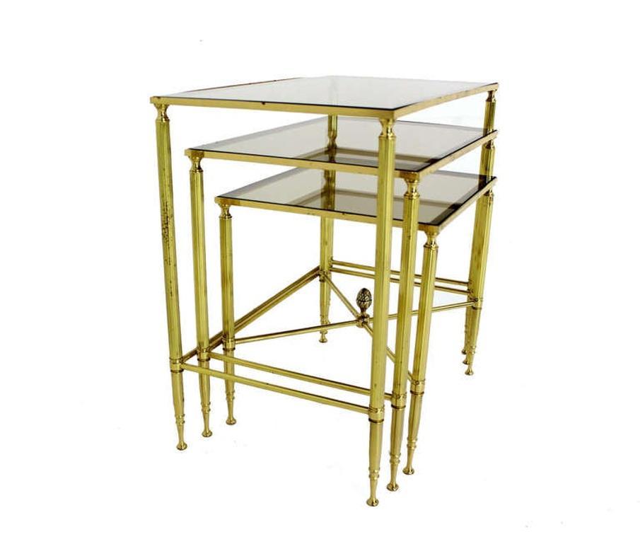 20th Century Solid Brass Smoked Glass Set of Three Nesting Stacking Side Occasional Tables  For Sale