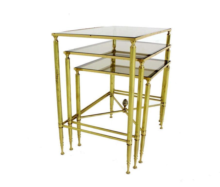 20th Century Solid Brass Smoked Glass Set of Three Nesting Stacking Side Occasional Tables For Sale