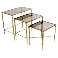 Vintage Solid Brass Smoked Glass Set of Three Nesting Stacking Side Occasional Tables 