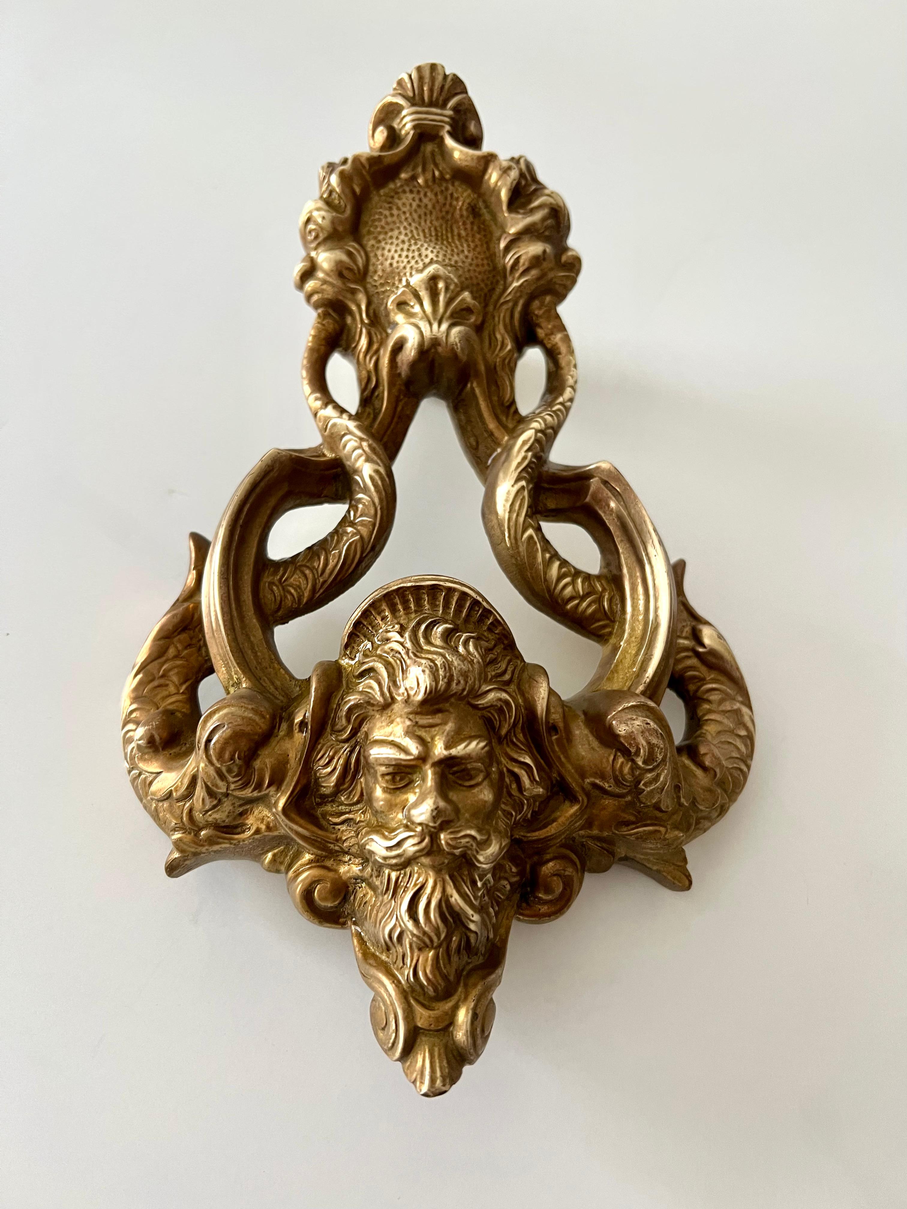 Patinated Solid Brass Spanish Door Knocker with Zeus and Dolphins Intertwined
