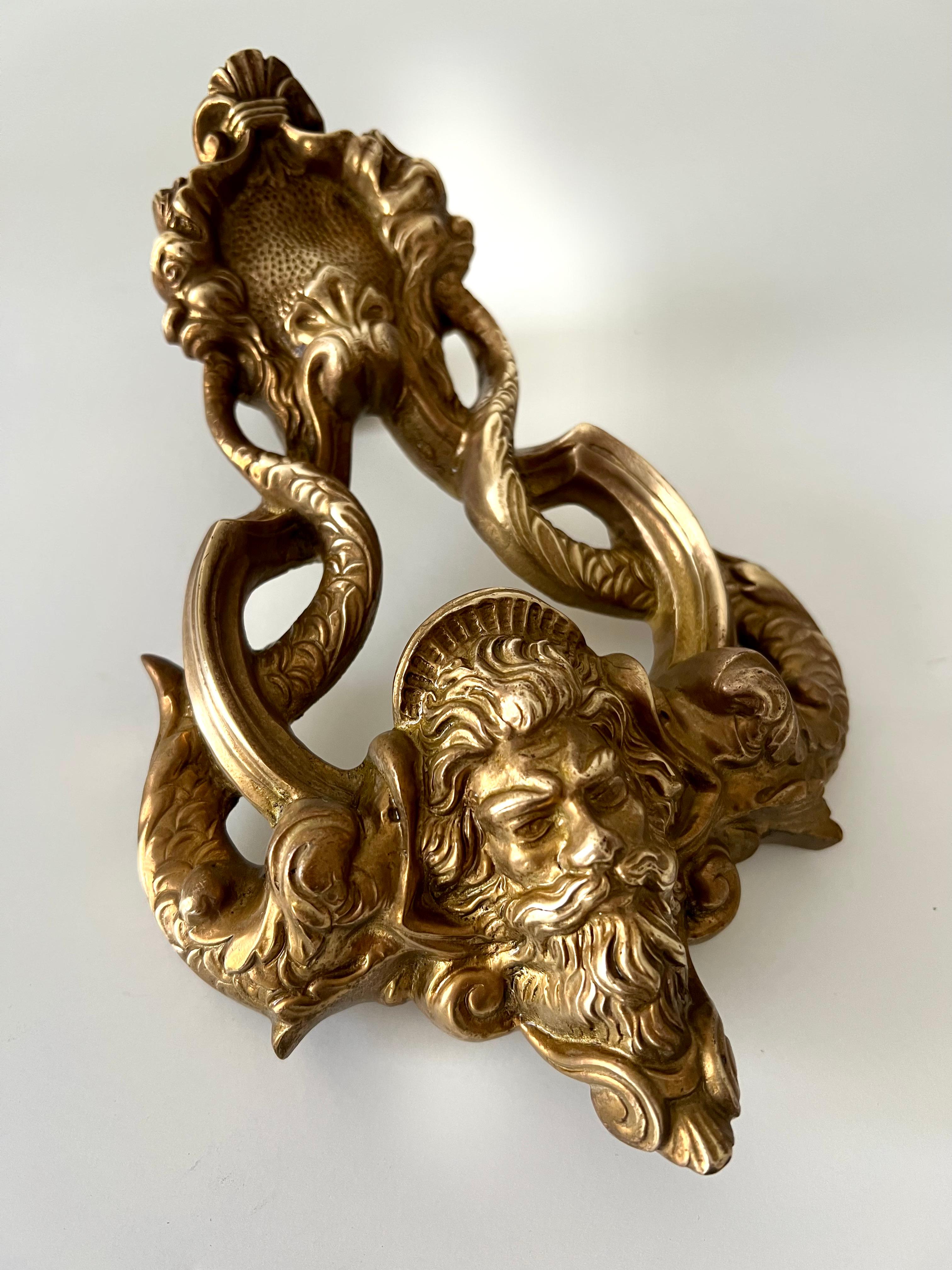 Solid Brass Spanish Door Knocker with Zeus and Dolphins Intertwined In Good Condition In Los Angeles, CA