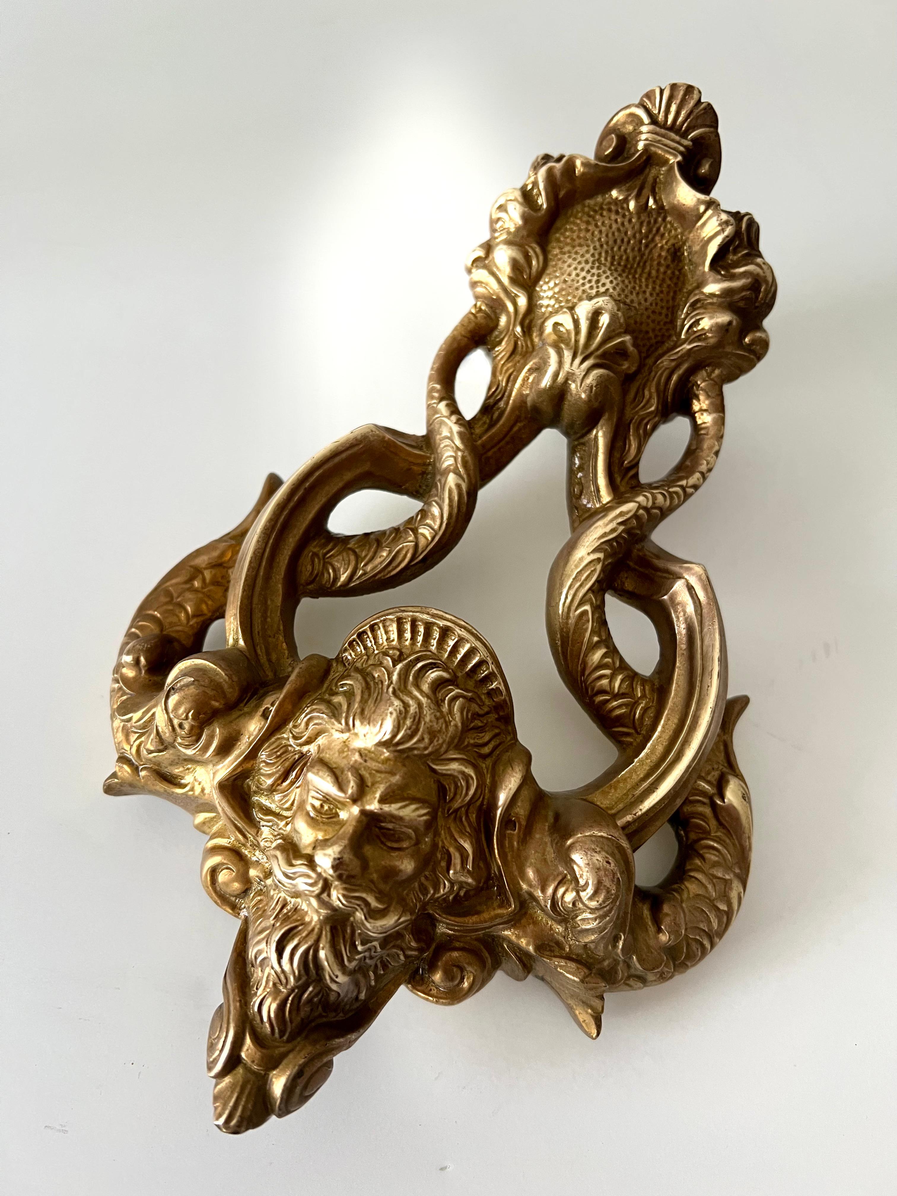 20th Century Solid Brass Spanish Door Knocker with Zeus and Dolphins Intertwined