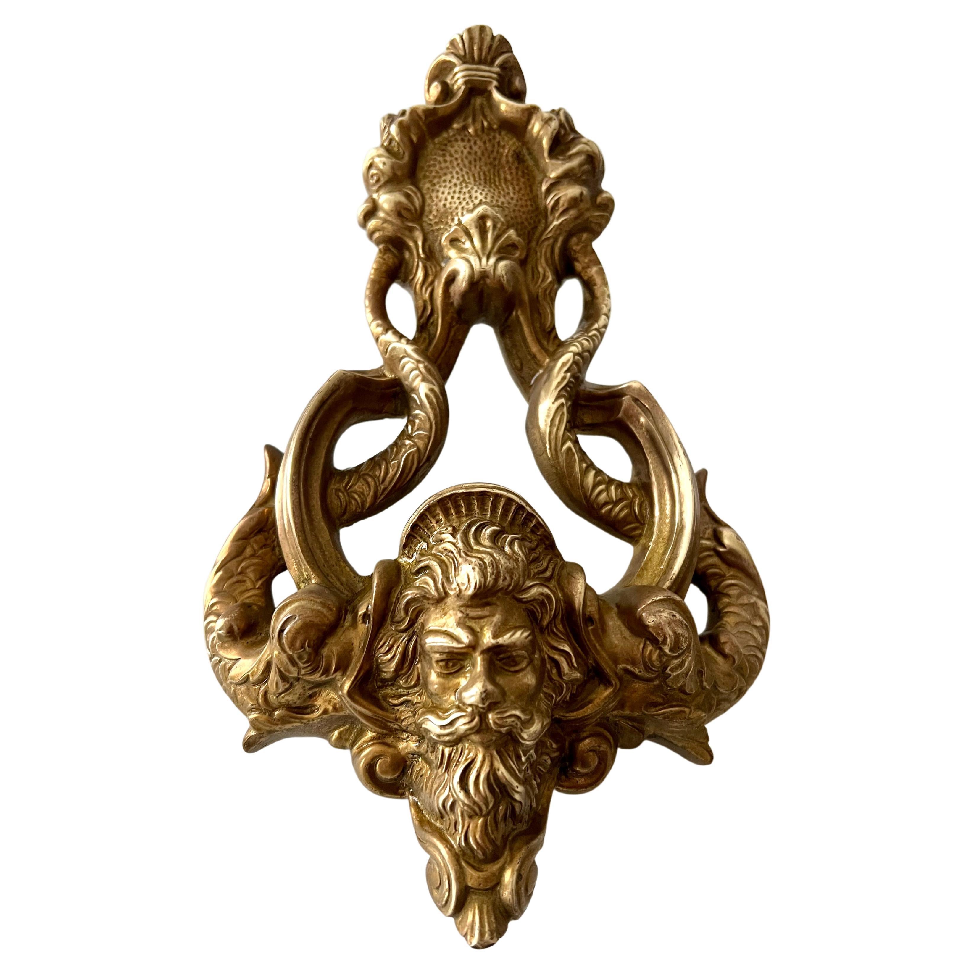 Solid Brass Spanish Door Knocker with Zeus and Dolphins Intertwined