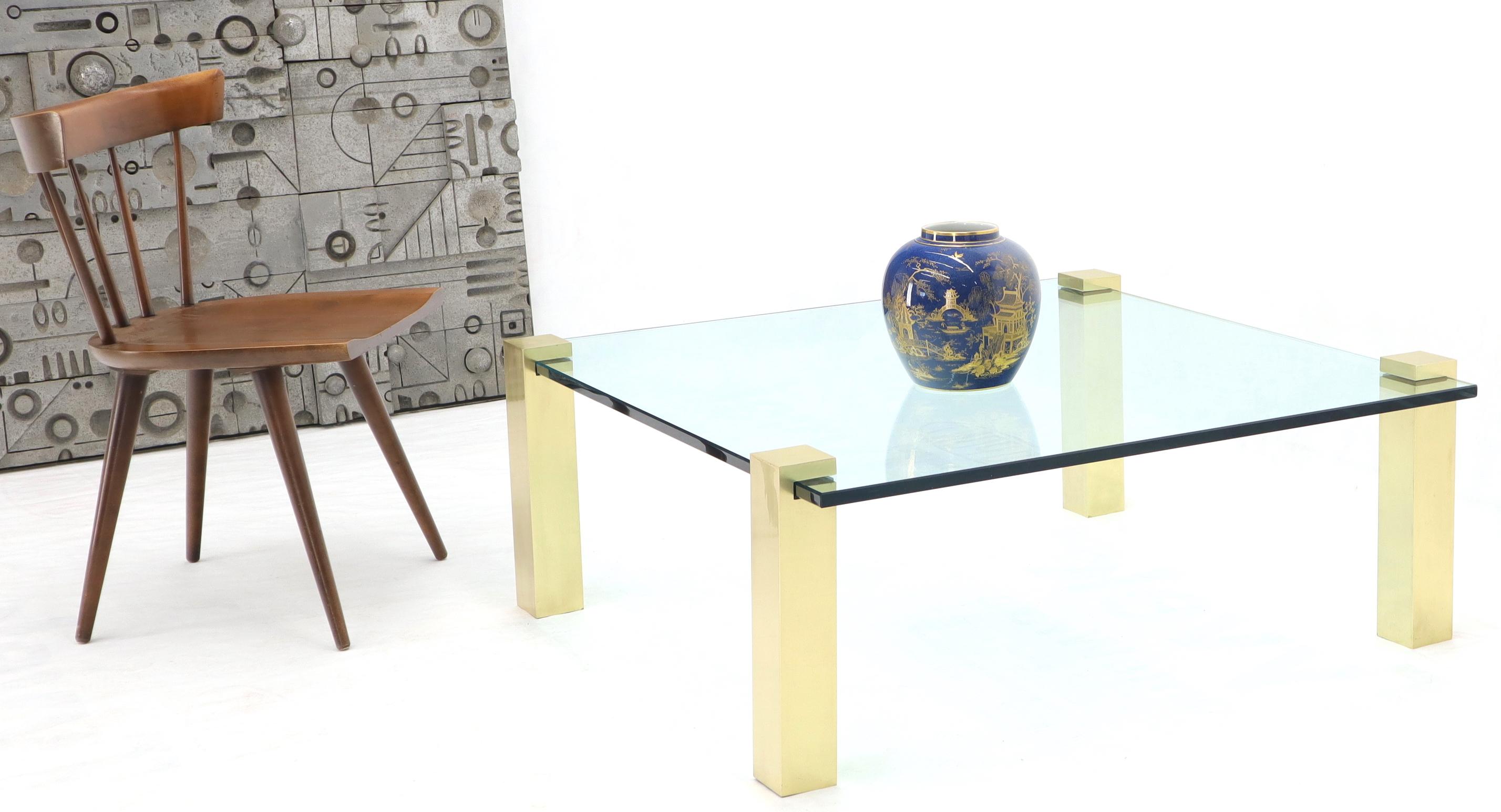 Solid Brass Square Posts Legs Glass Top Coffee Table For Sale 1