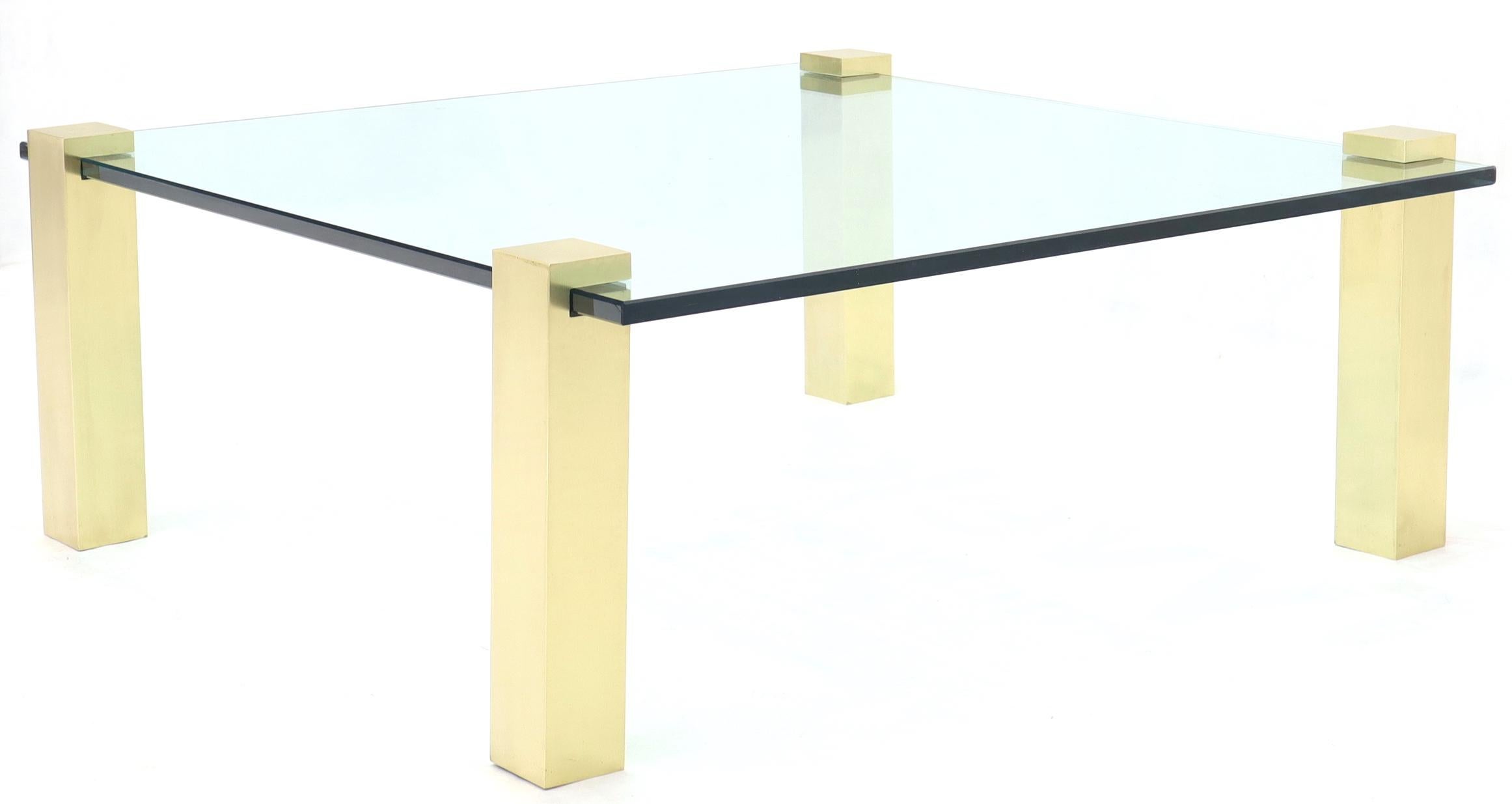 Solid Brass Square Posts Legs Glass Top Coffee Table In Good Condition For Sale In Rockaway, NJ