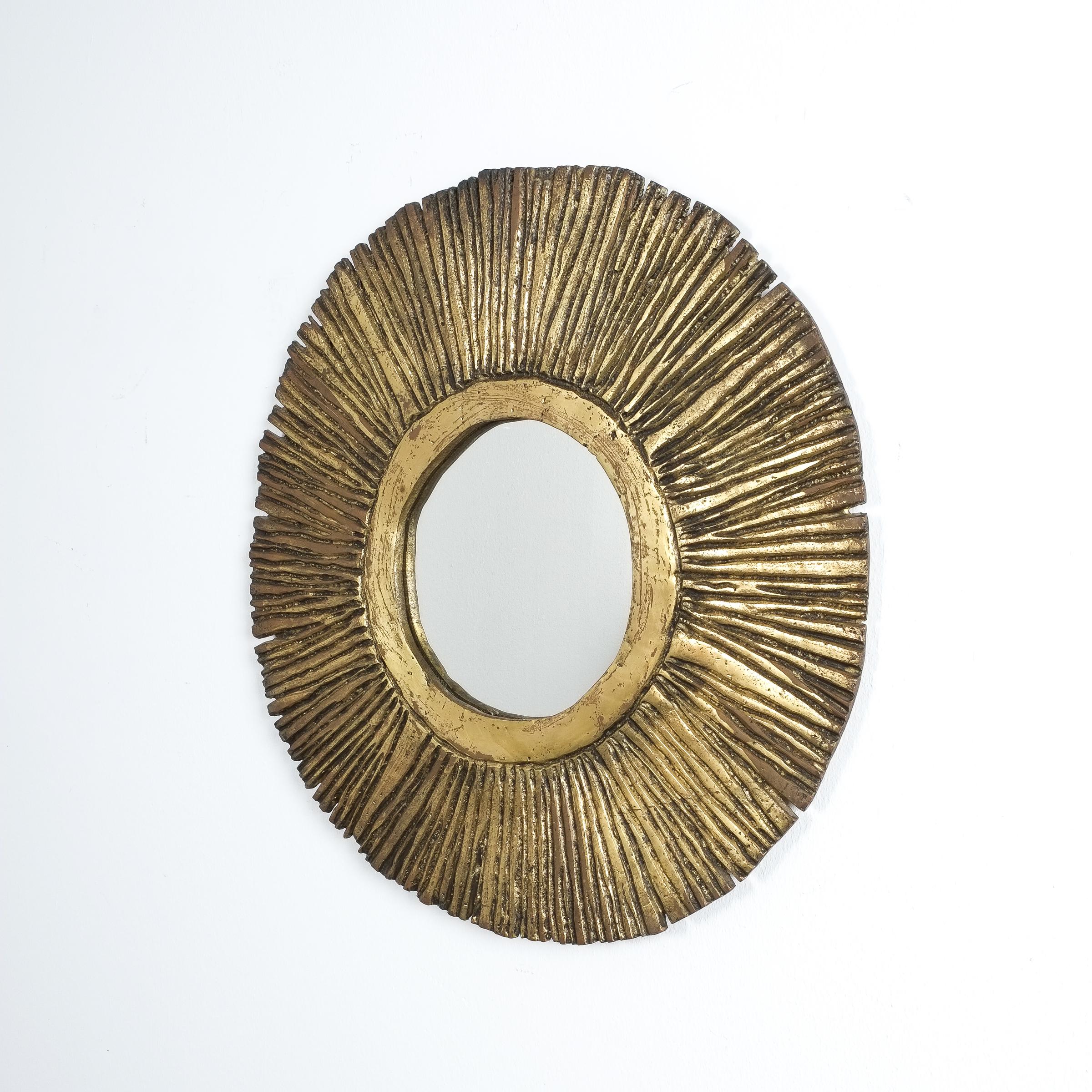 French Solid Brass Sunburst Midcentury Mirror, France, circa 1955 For Sale
