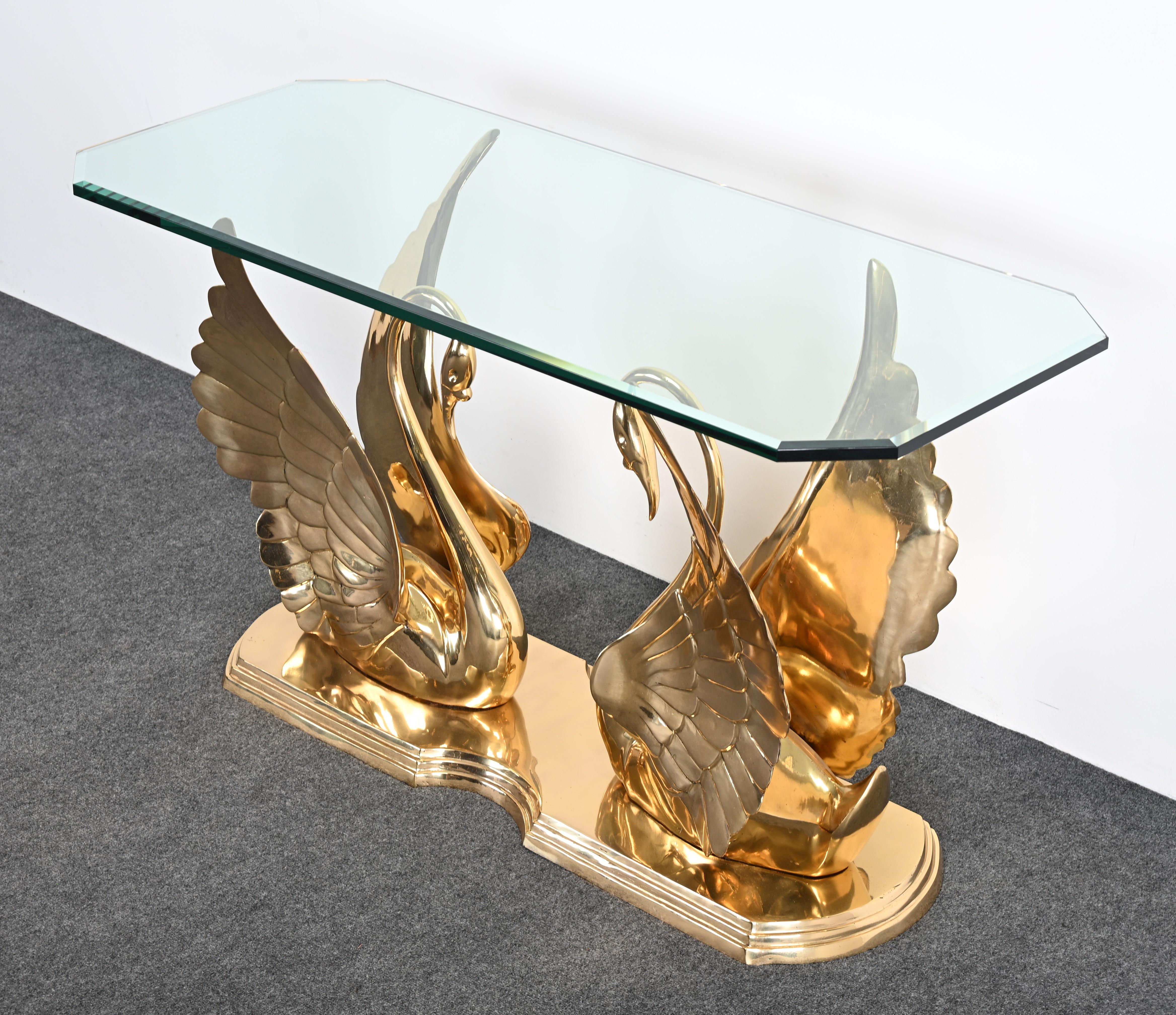 Hollywood Regency Solid Brass Swan Console in the manner of Maitland Smith For Sale