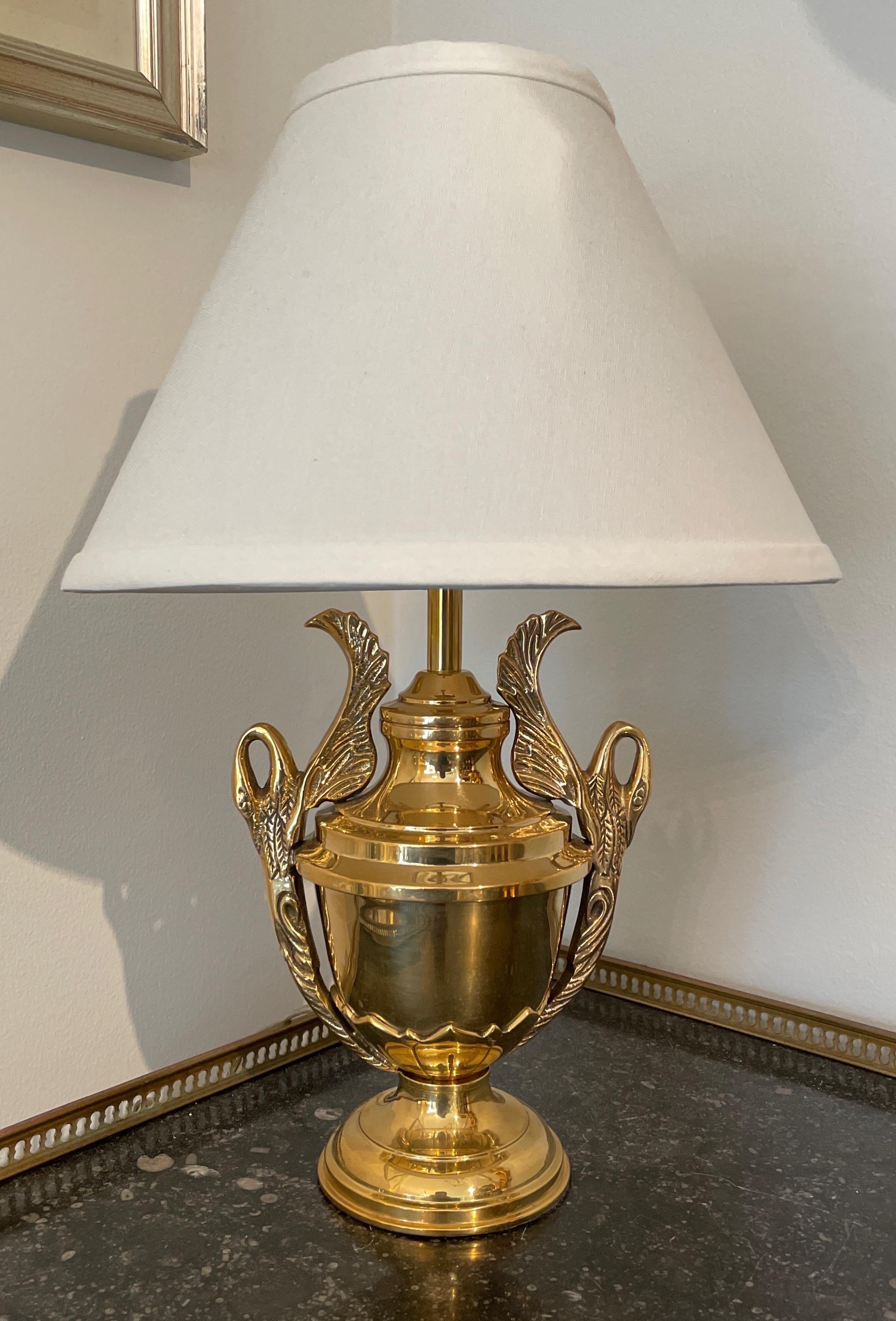 Petite solid brass Swan lamp with new white shade.