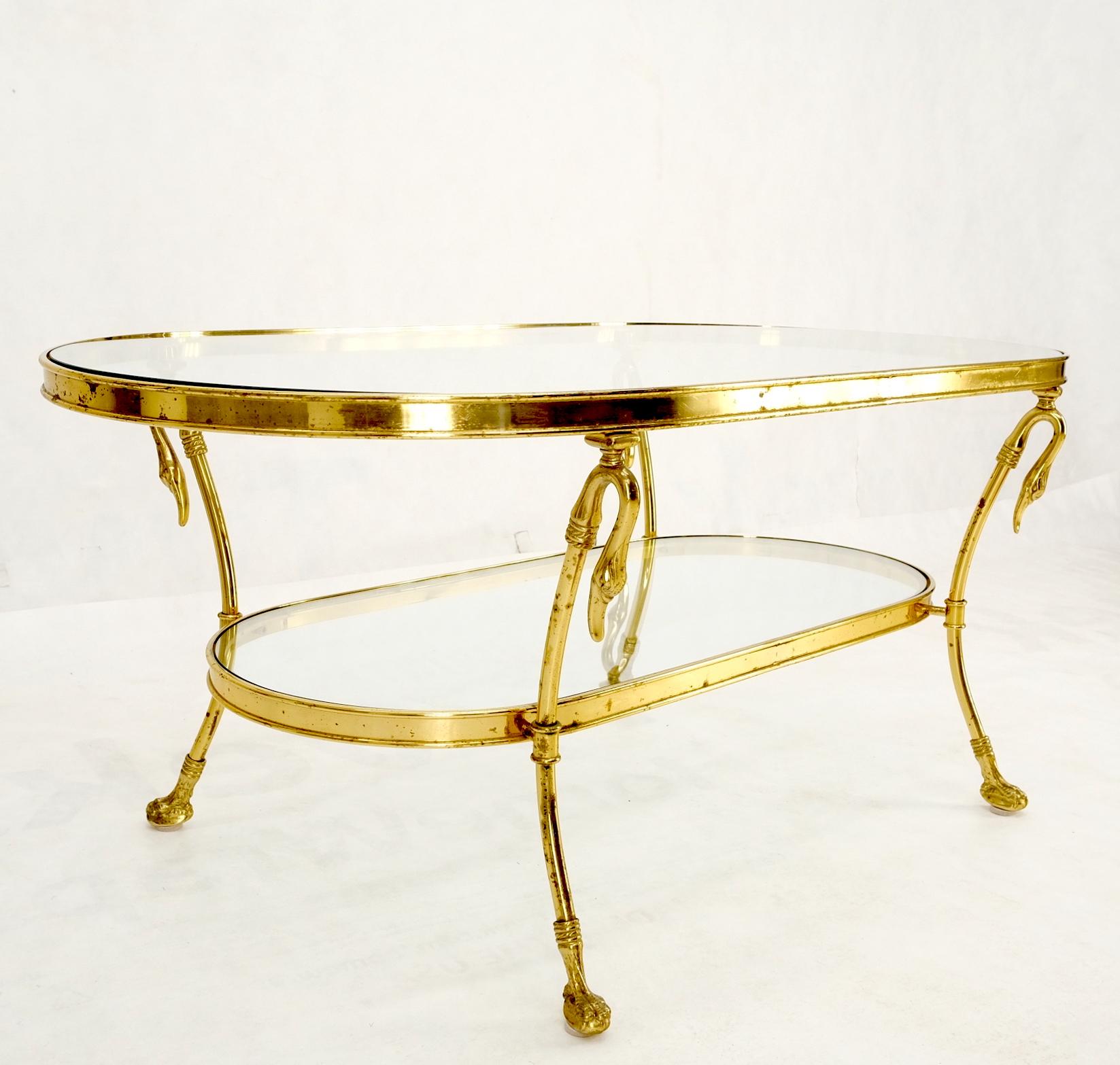 Solid Brass Swan Motive Oval Racetrack Shape Two Tier Coffee Table Mid Century For Sale 4