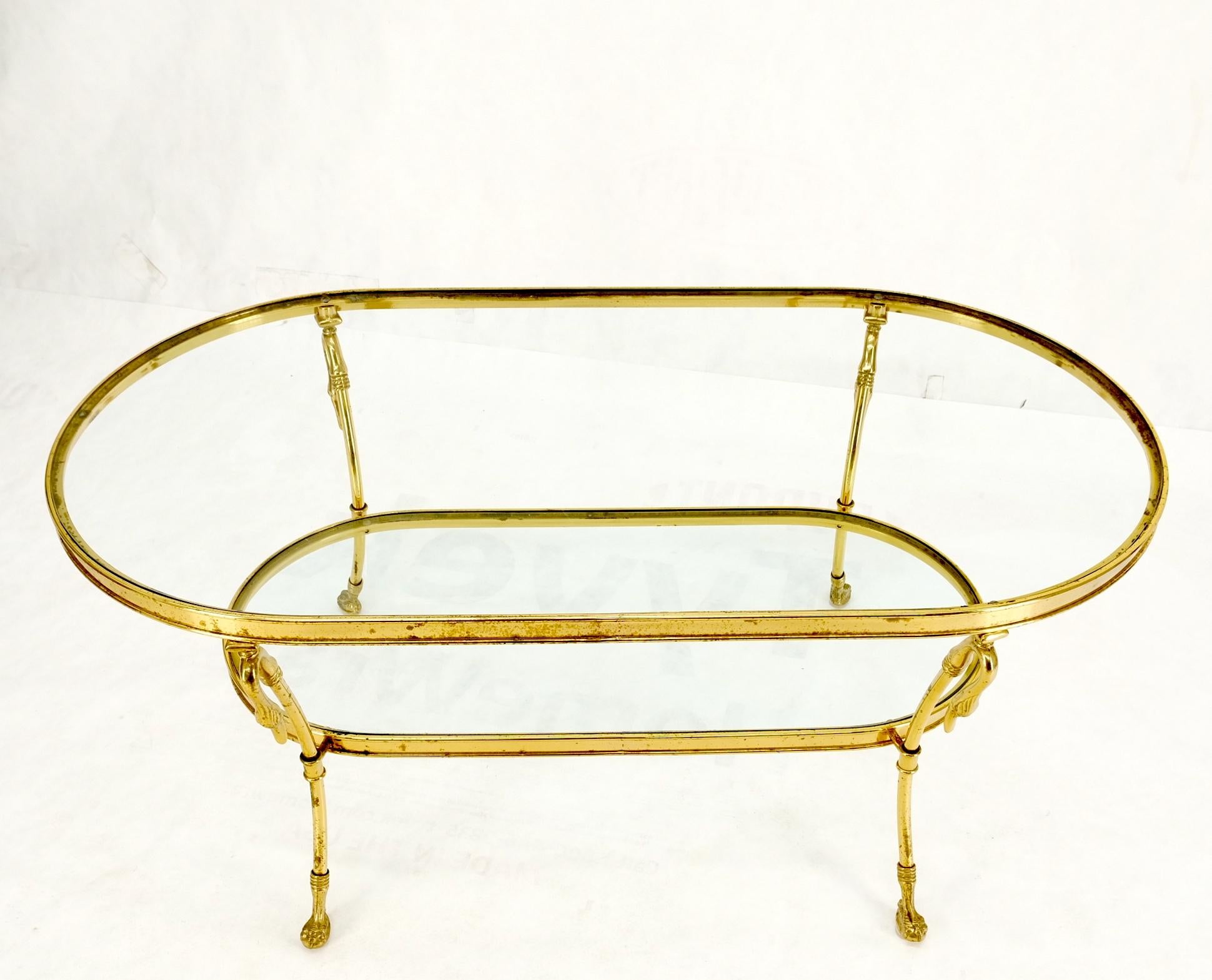 Solid Brass Swan Motive Oval Racetrack Shape Two Tier Coffee Table Mid Century For Sale 2