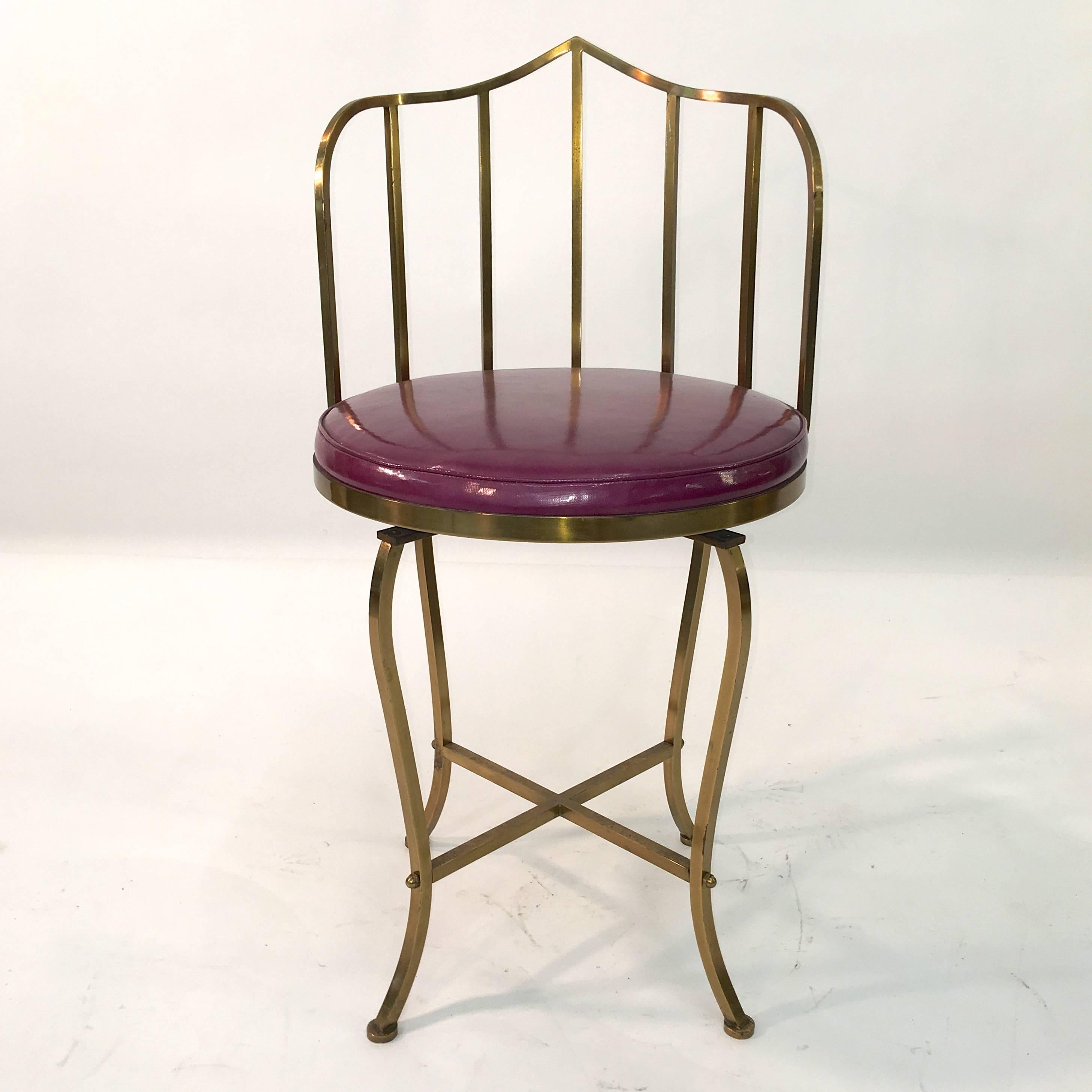 Solid Brass Swivel Vanity Chair In Excellent Condition In Hanover, MA