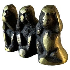 Vintage Solid Brass Three Wise Monkeys Paper Weight , France 1970s 