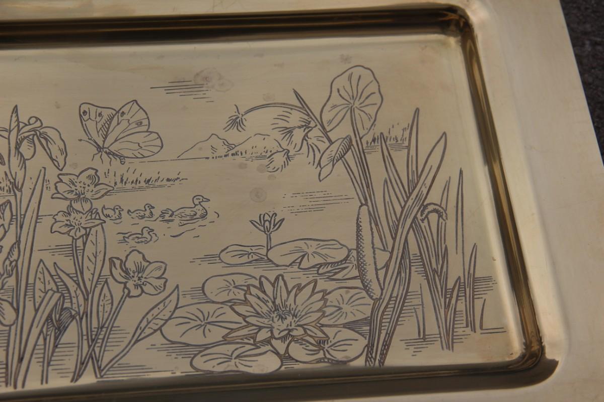 Mid-Century Modern Solid Brass Tray with Engraved Decorations of Flowers Plants and Birds Italian For Sale