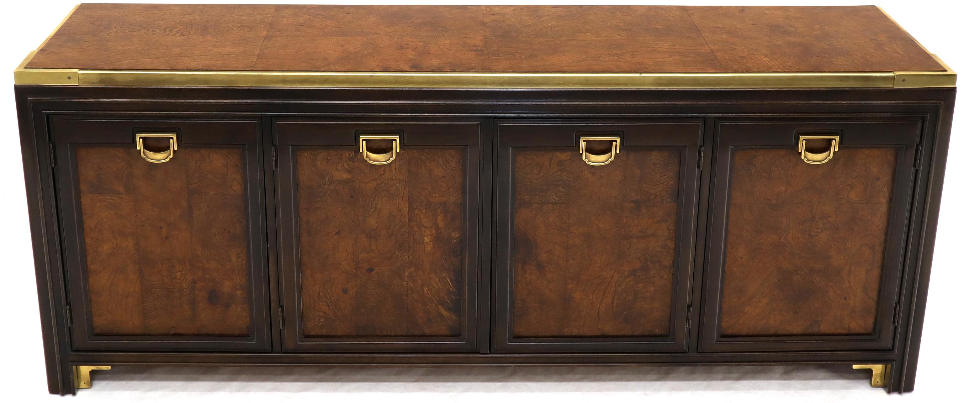 Mid-Century Modern Solid Brass Trim Burl Wood Credenza Server Cabinet Extra Long Dresser