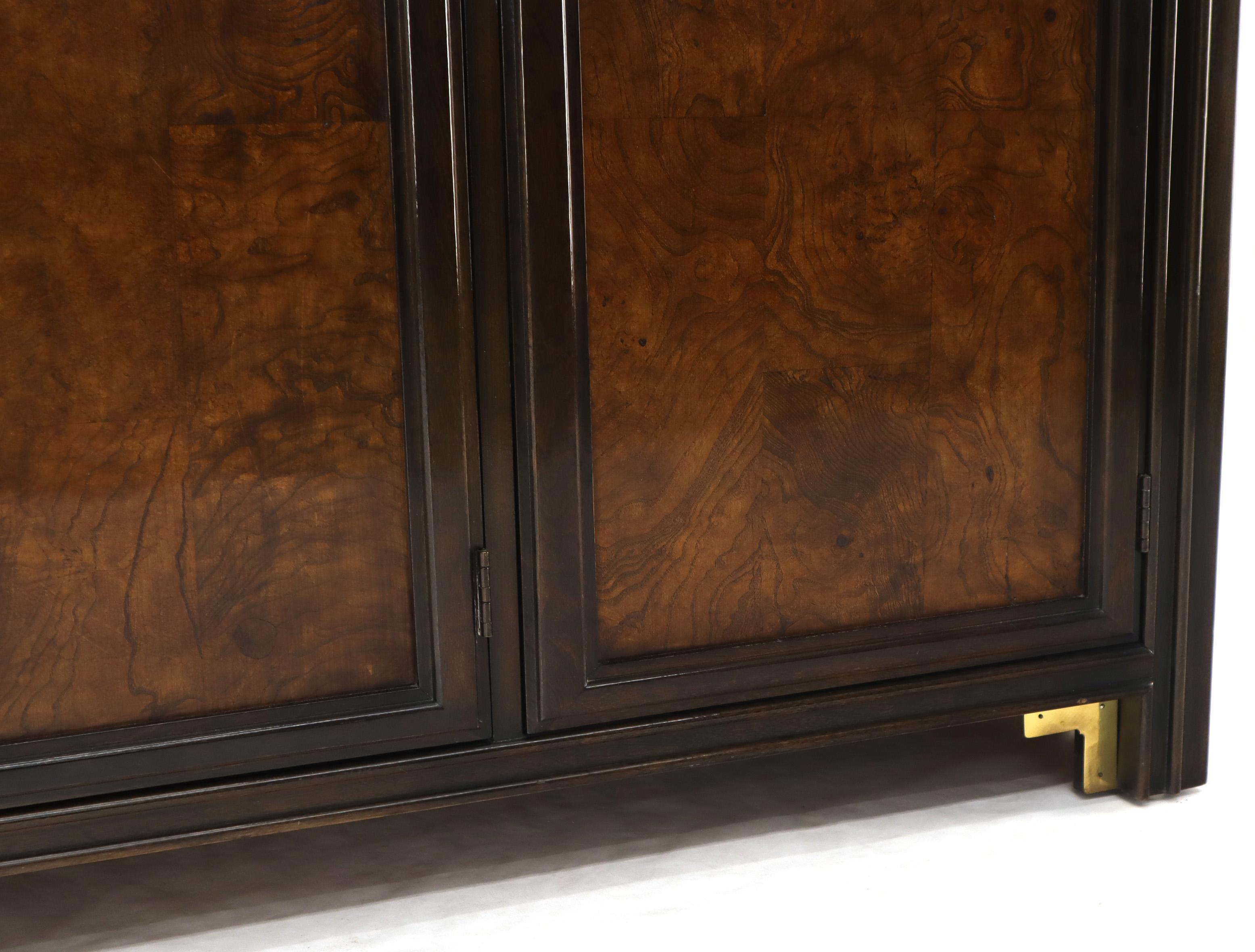 20th Century Solid Brass Trim Burl Wood Credenza Server Cabinet Extra Long Dresser
