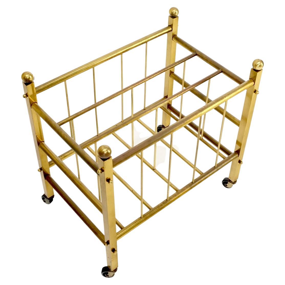 Solid Brass Tube Design Mid-Century Modern Magazine Stand on Casters For Sale