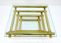 Solid Brass Tube Segment Pyramid Shape Base 36" Square Glass Top Coffee Table