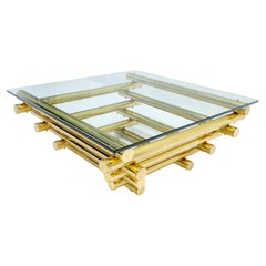 Solid Brass Tube Segment Pyramid Shape Base 36" Square Glass Top Coffee Table