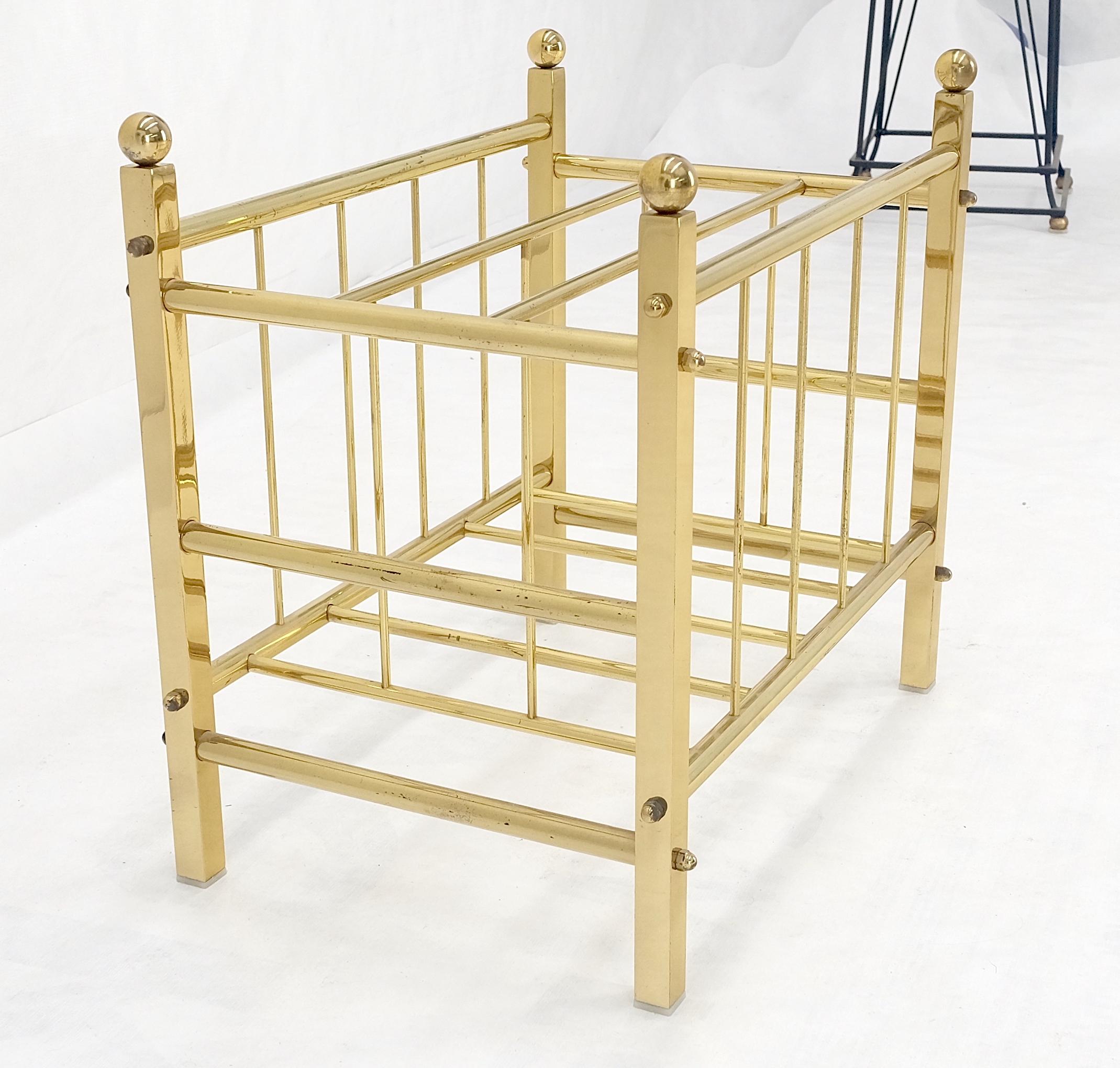 American Solid Brass Tube Vintage Mid Century Modern Caddy Magazine Rack Ball Finial MINT For Sale
