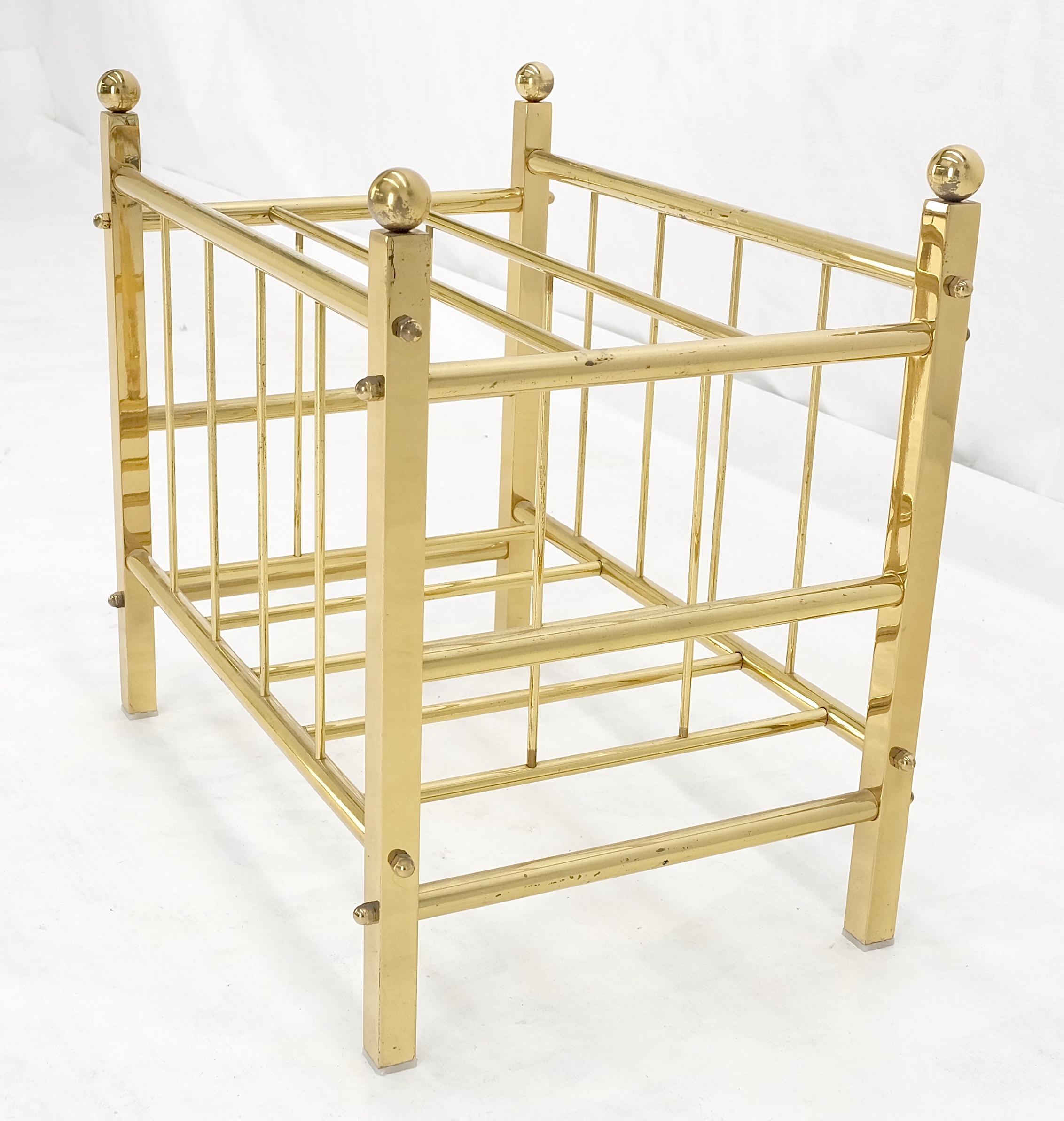 Lacquered Solid Brass Tube Vintage Mid Century Modern Caddy Magazine Rack Ball Finial MINT For Sale