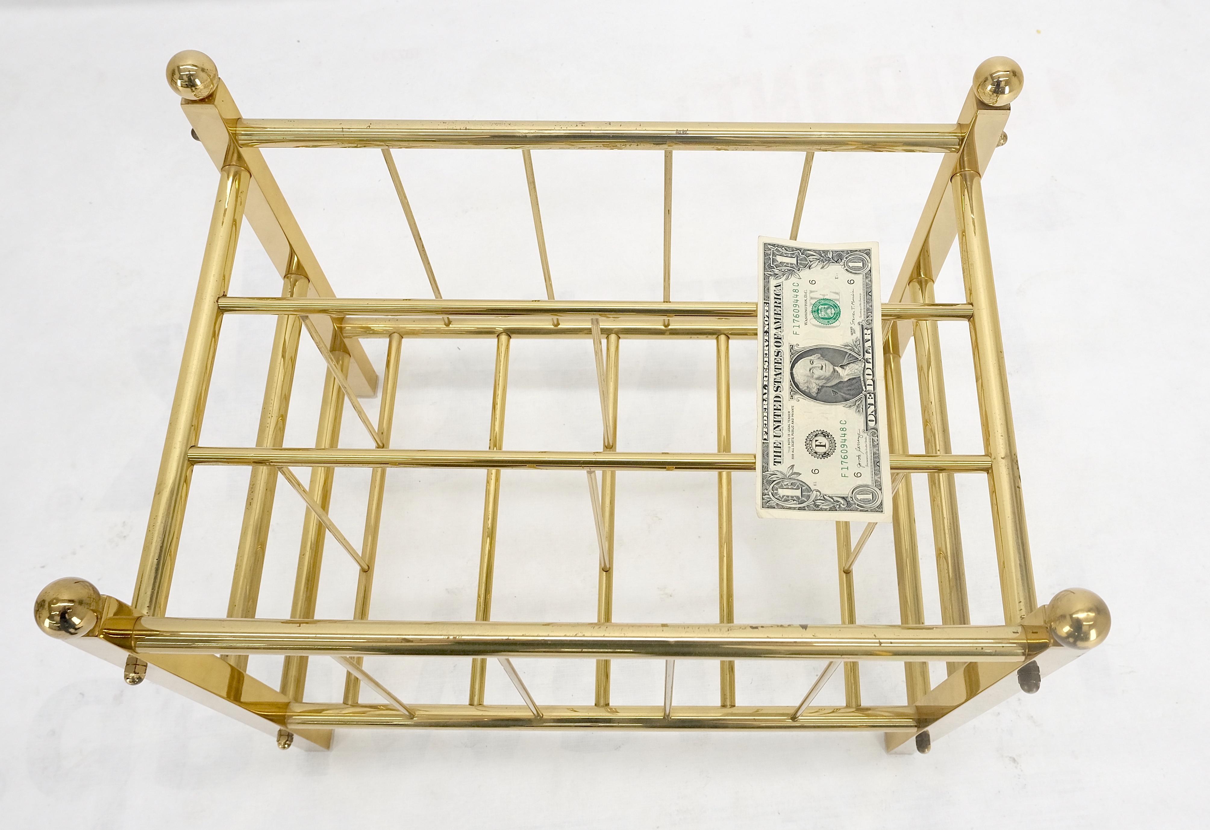 20th Century Solid Brass Tube Vintage Mid Century Modern Caddy Magazine Rack Ball Finial MINT For Sale