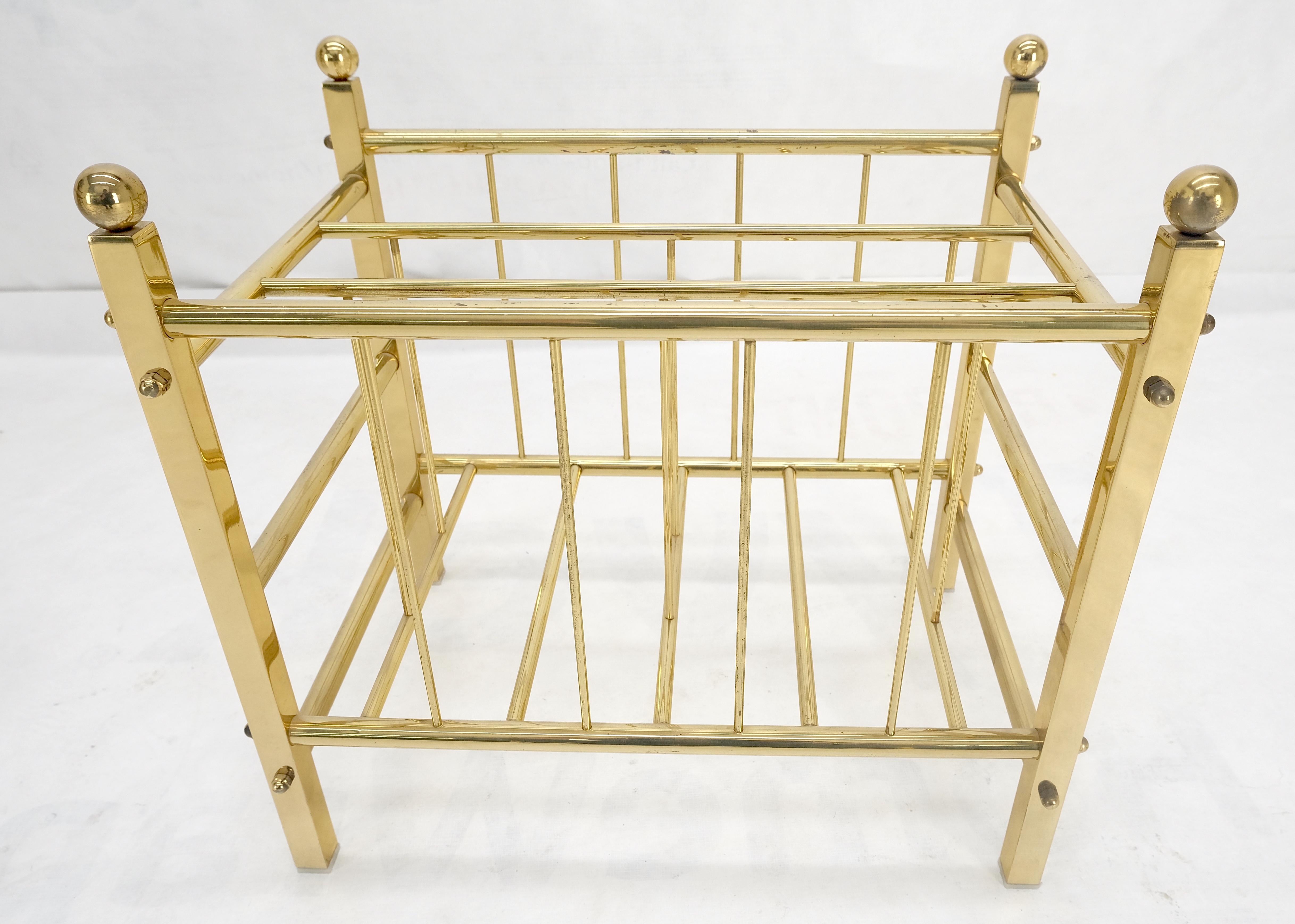 Solid Brass Tube Vintage Mid Century Modern Caddy Magazine Rack Ball Finial MINT For Sale 1