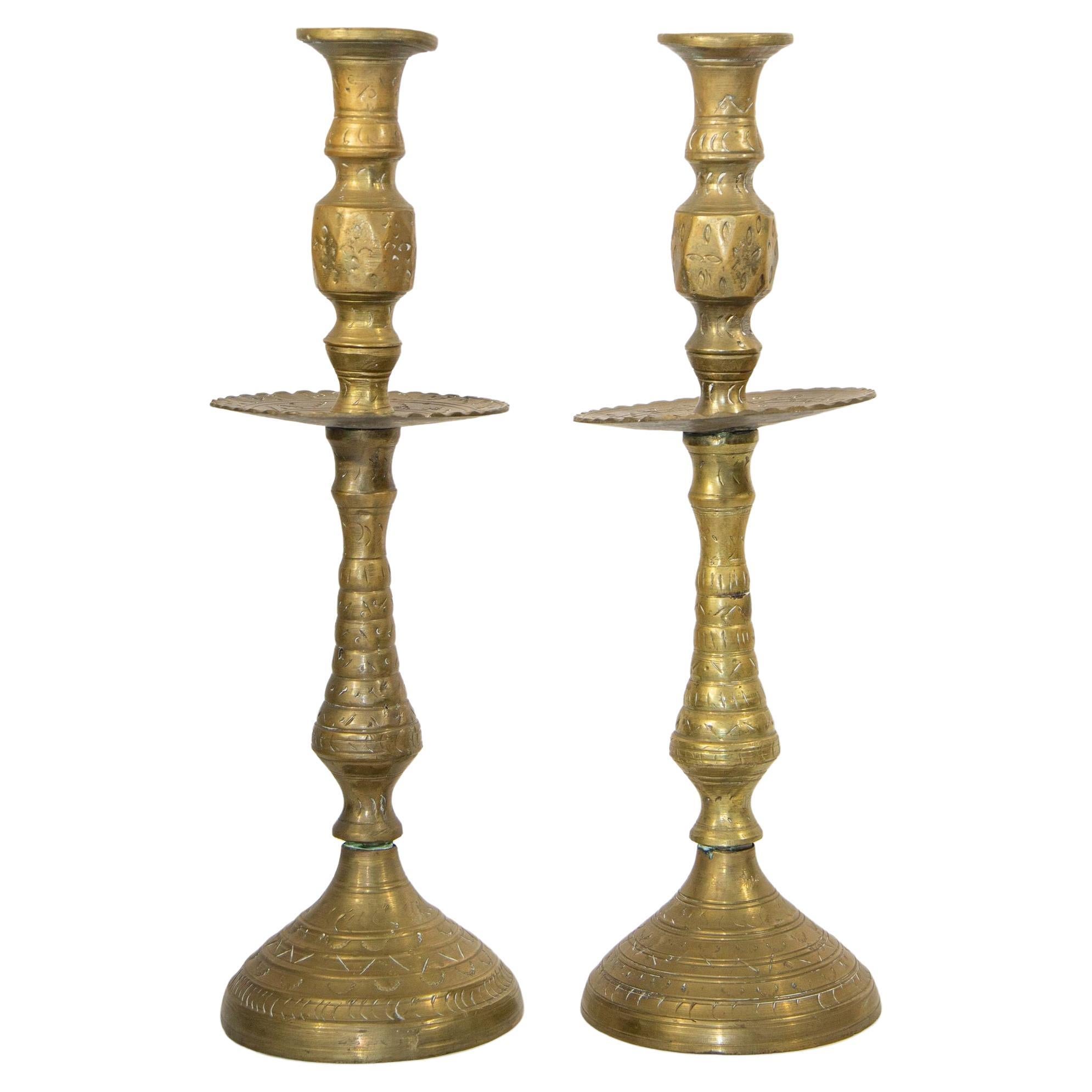 Vintage Polished Etched Solid Brass Candle Holder Table Lamp India For Sale  at 1stDibs