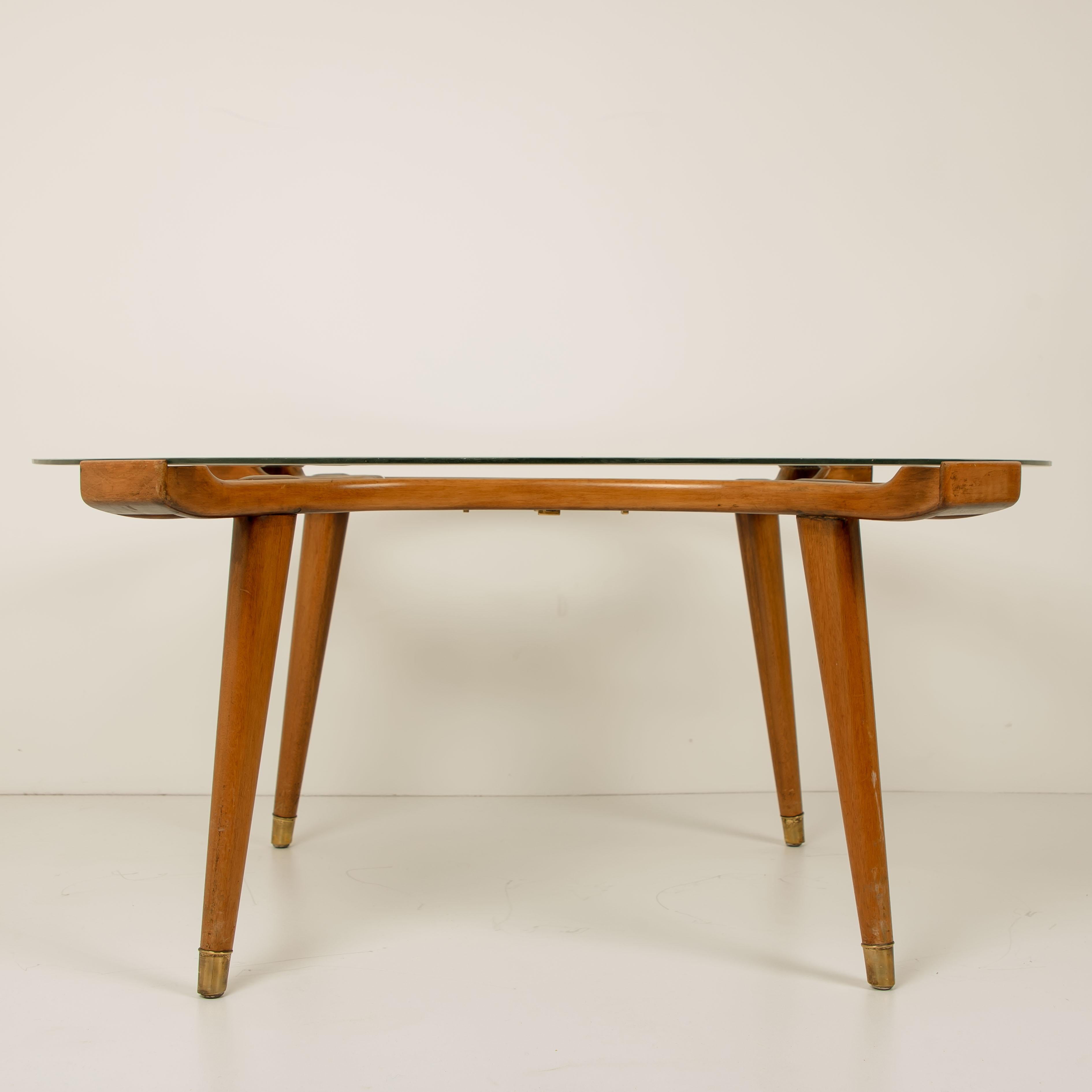 Solid Brass Walnut Glass Table, by William Watting, Produced by Fristho, 1950s For Sale 3