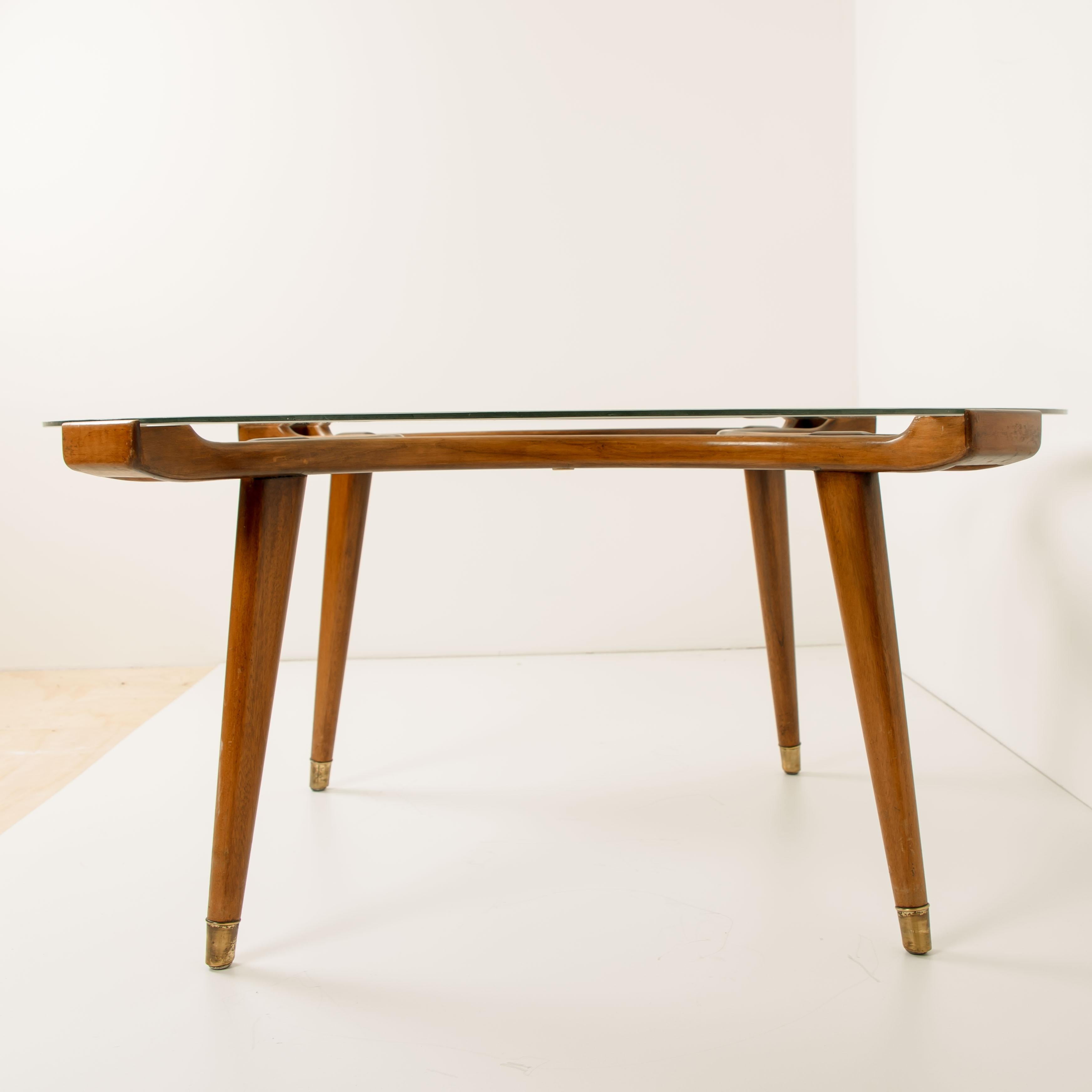 Solid Brass Walnut Glass Table, by William Watting, Produced by Fristho, 1950s For Sale 4