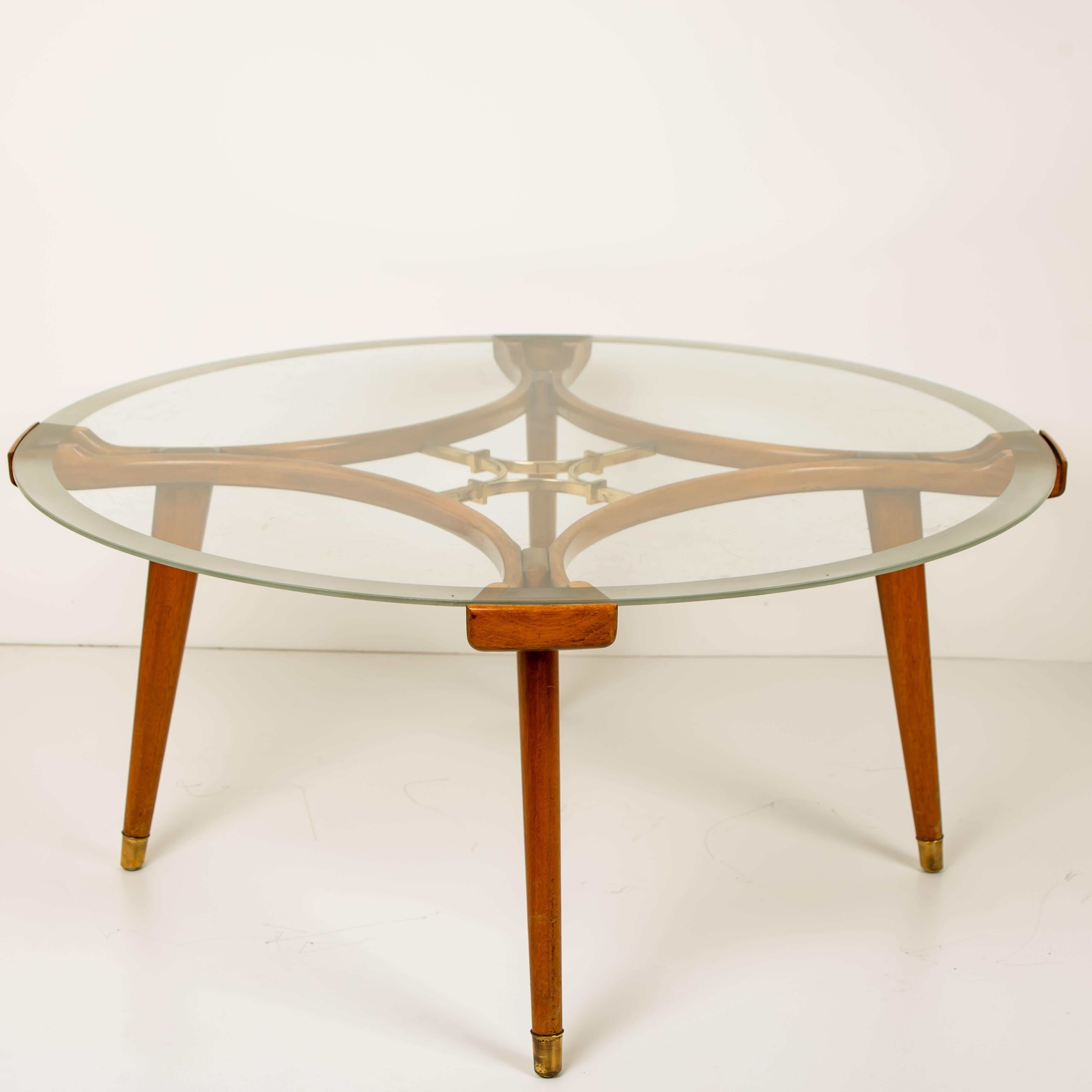 Solid Brass Walnut Glass Table, by William Watting, Produced by Fristho, 1950s For Sale 6