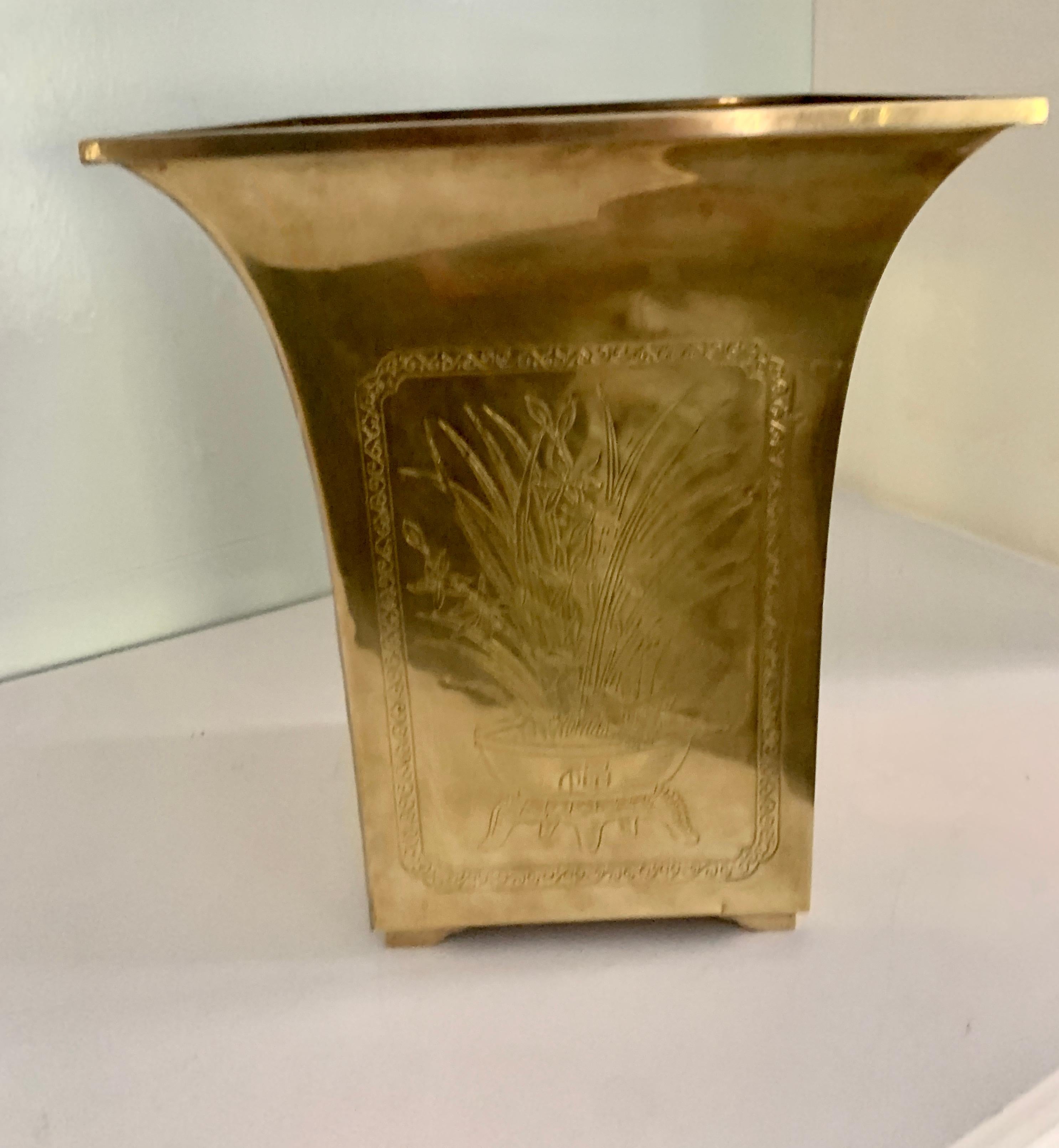 Mid-Century Modern Solid Brass Waste Can with Asian Depictions on Four Sides For Sale