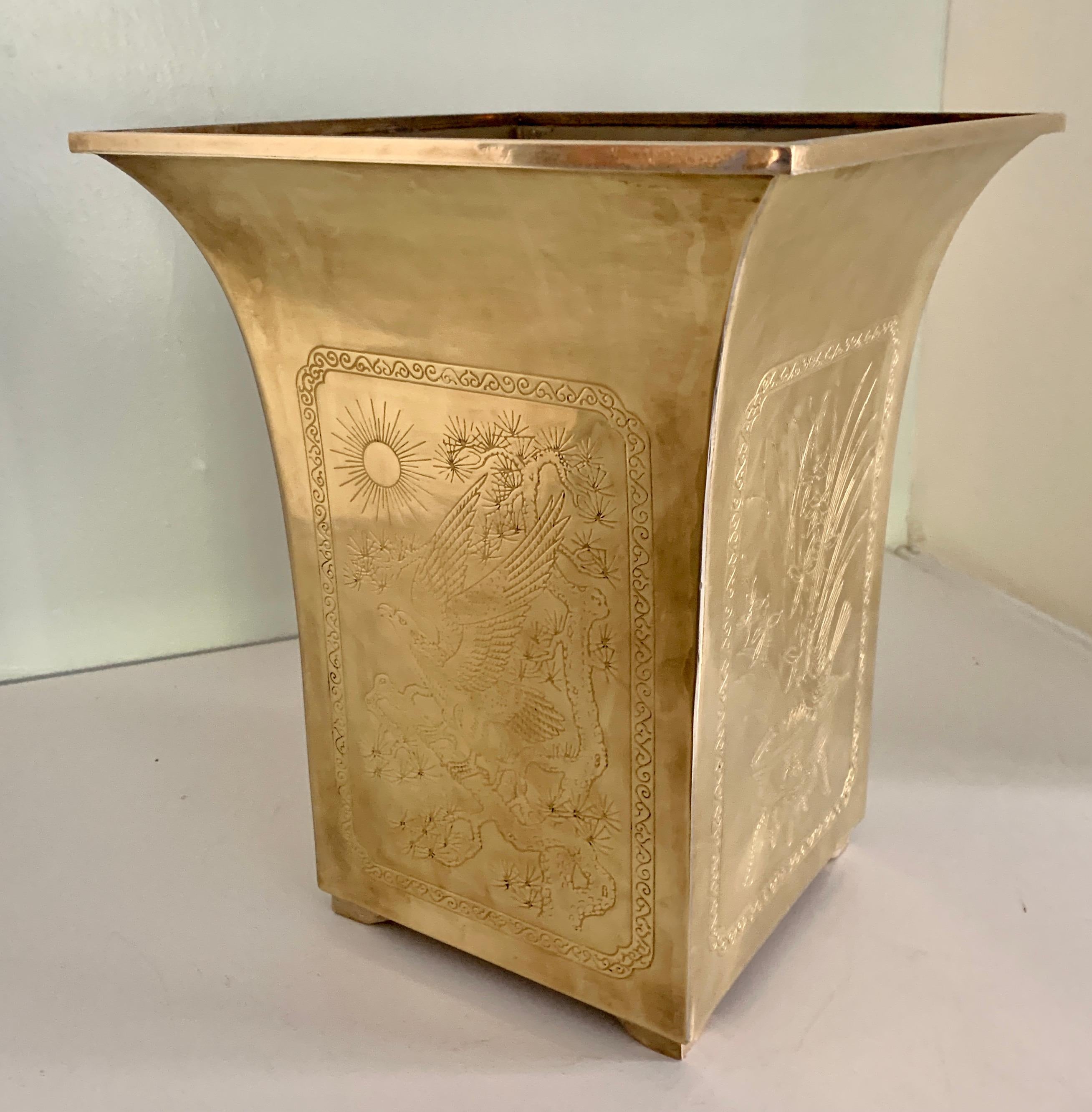 Etched Solid Brass Waste Can with Asian Depictions on Four Sides For Sale