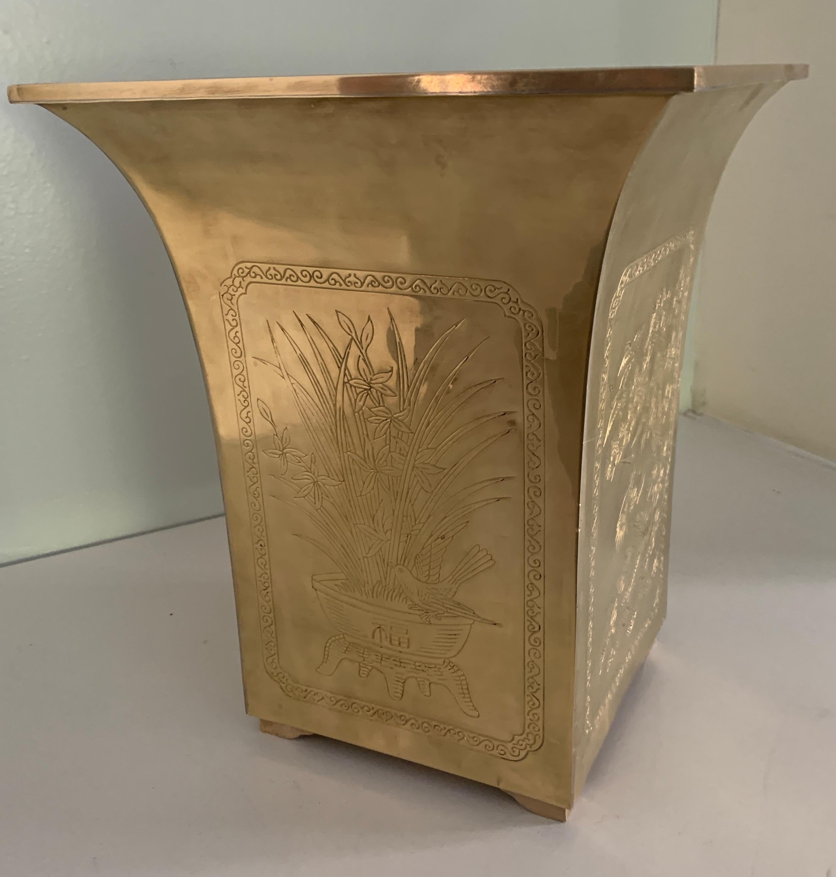 20th Century Solid Brass Waste Can with Asian Depictions on Four Sides For Sale