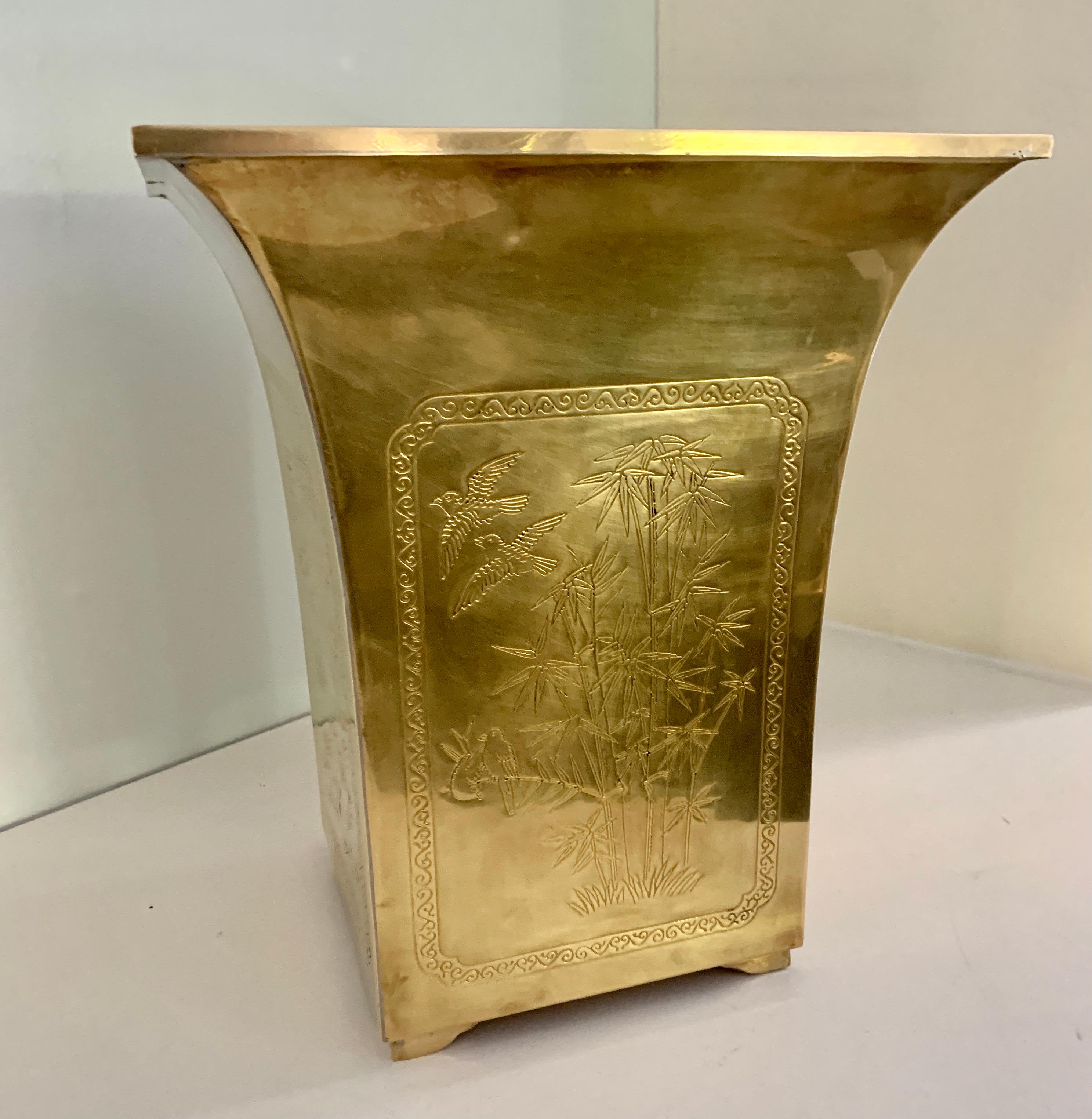 Solid Brass Waste Can with Asian Depictions on Four Sides For Sale 2