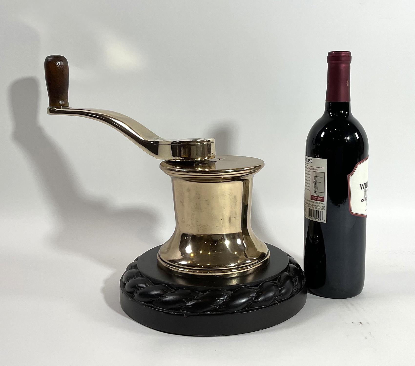 European Solid Brass Yacht Winch on Mahogany Base For Sale