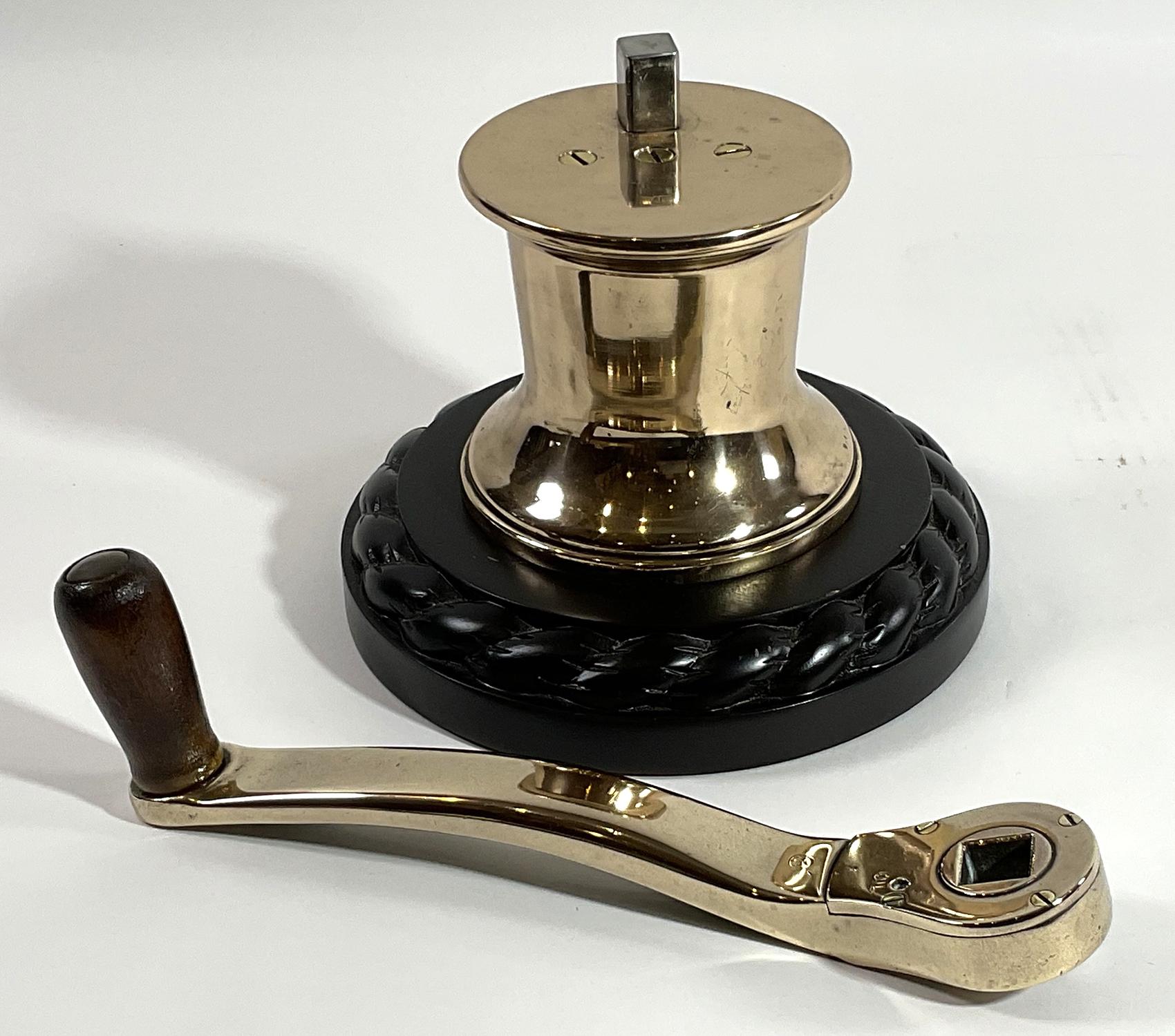 Solid Brass Yacht Winch on Mahogany Base For Sale 2