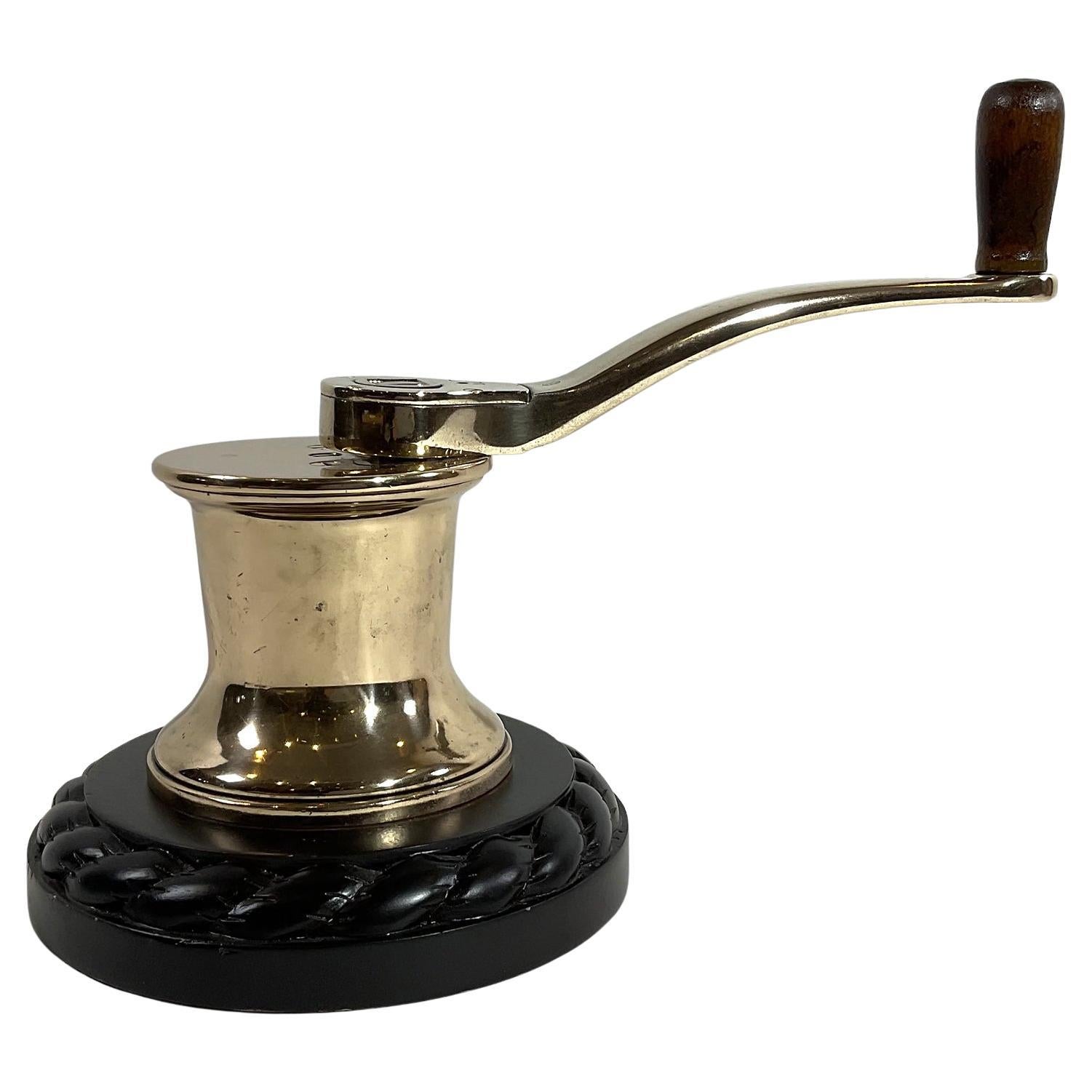 Solid Brass Yacht Winch on Mahogany Base For Sale
