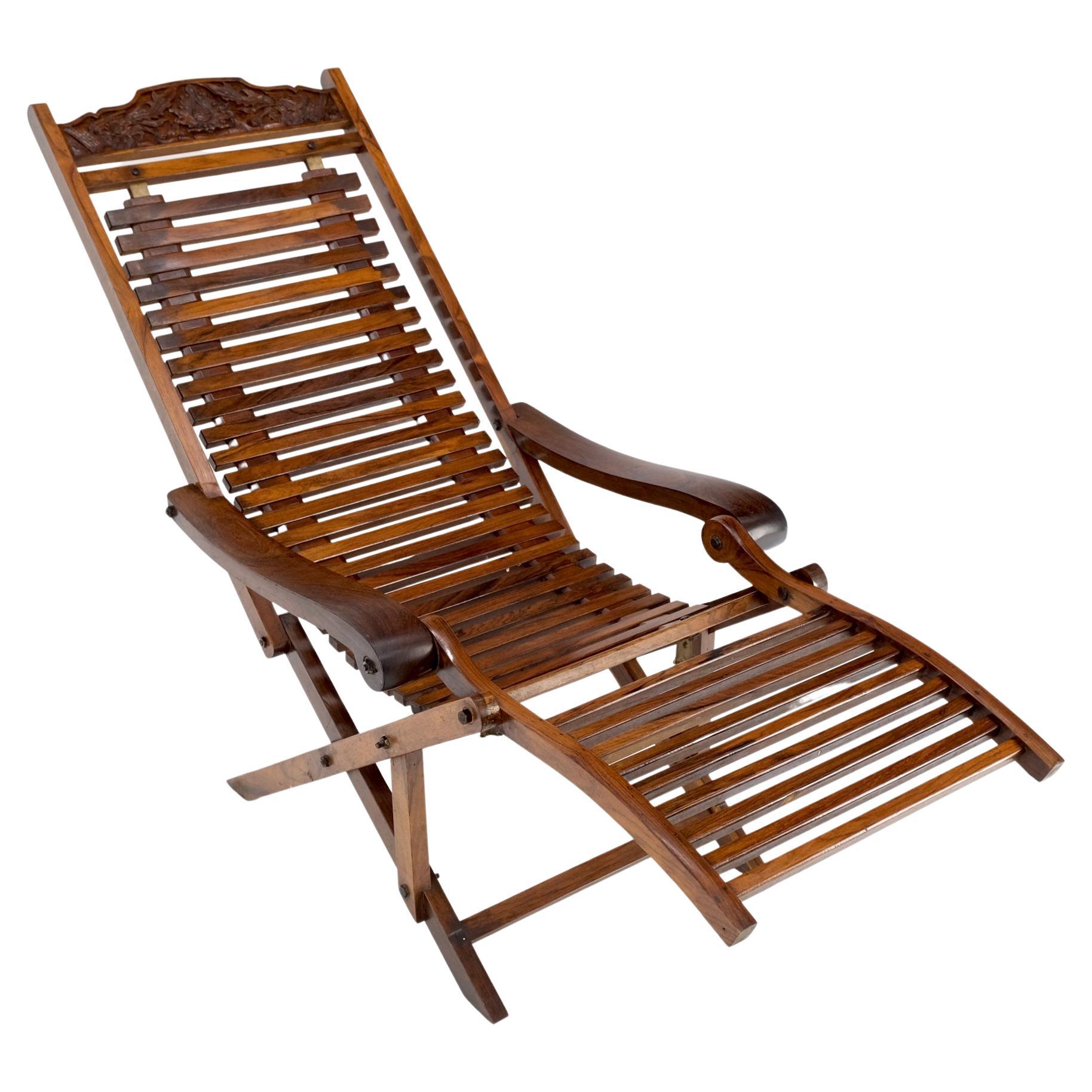 Solid Brazilian Rosewood Planks Adjustable Sling Chaise Lounge Chair Carved  For Sale