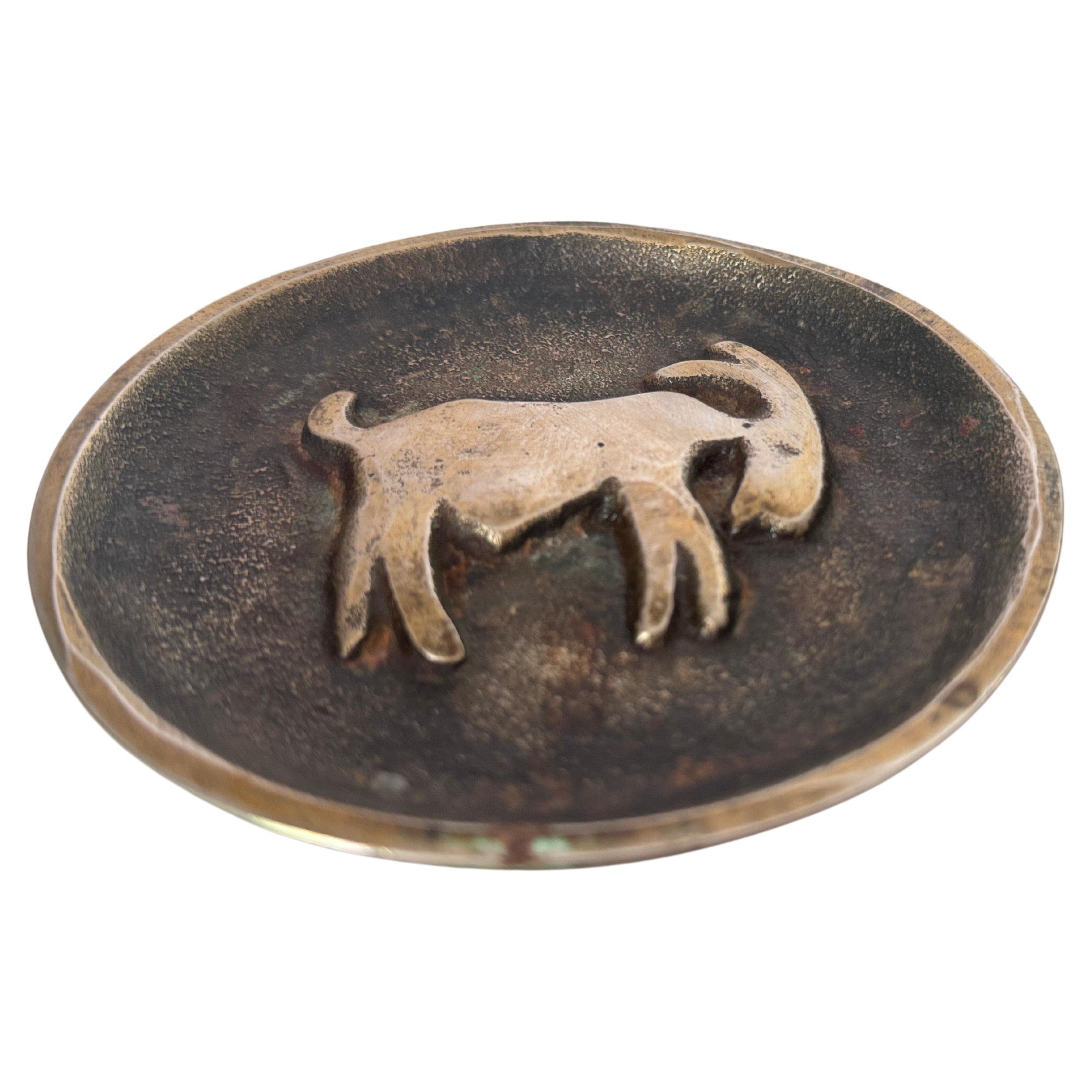 Solid Bronze Ashtray with Horse Pattern yellow color old patina For Sale