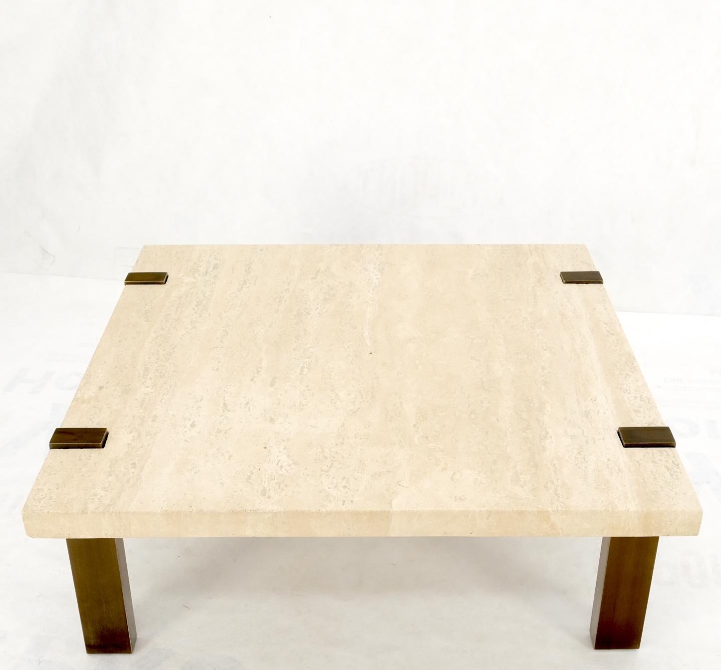 Solid Bronze Base Thick Square Solid Travertine Top Coffee Center Table Mint! For Sale 4