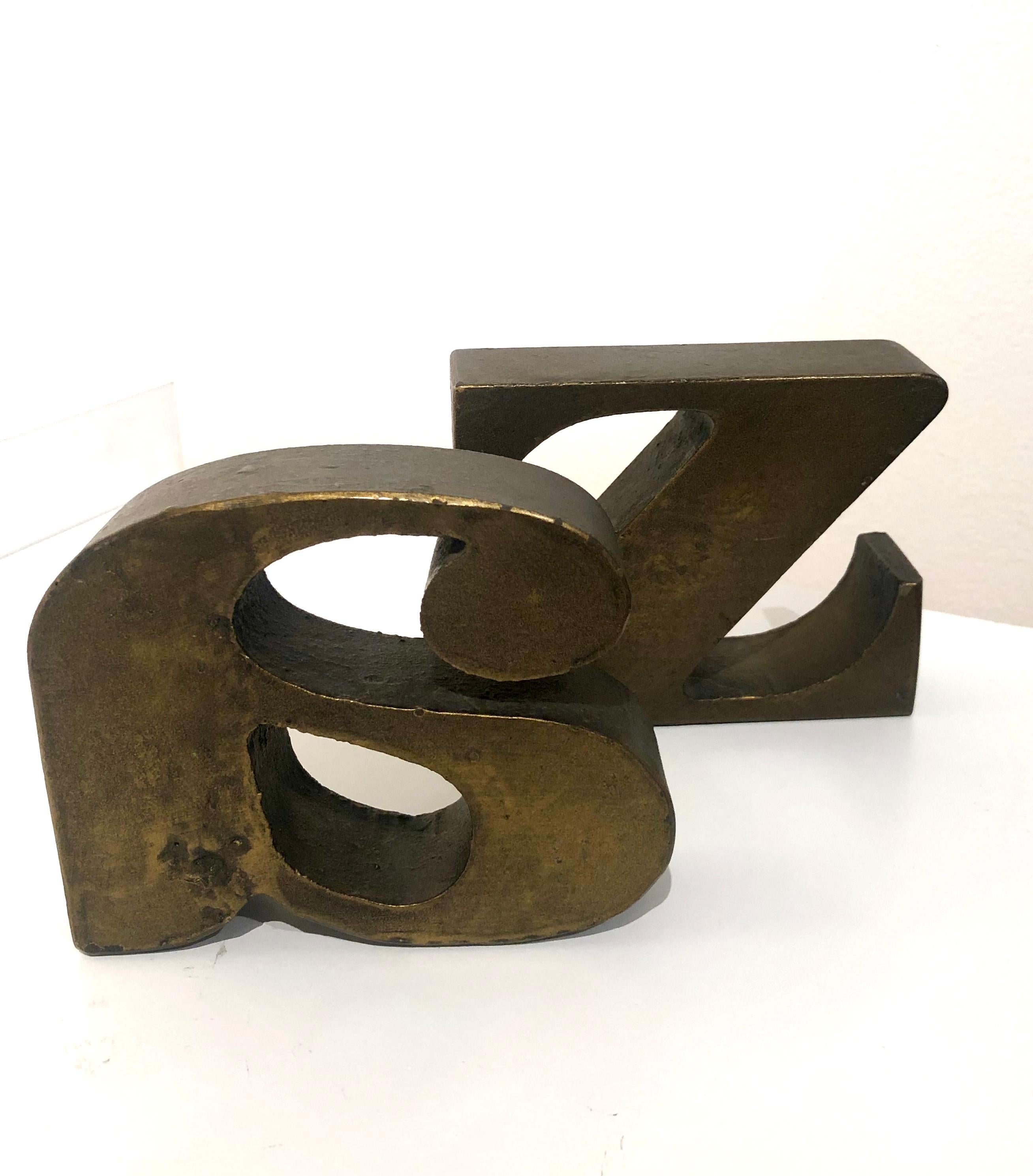 Mid-Century Modern Solid Bronze Bookends A to Z Attributed to Curtis Jere