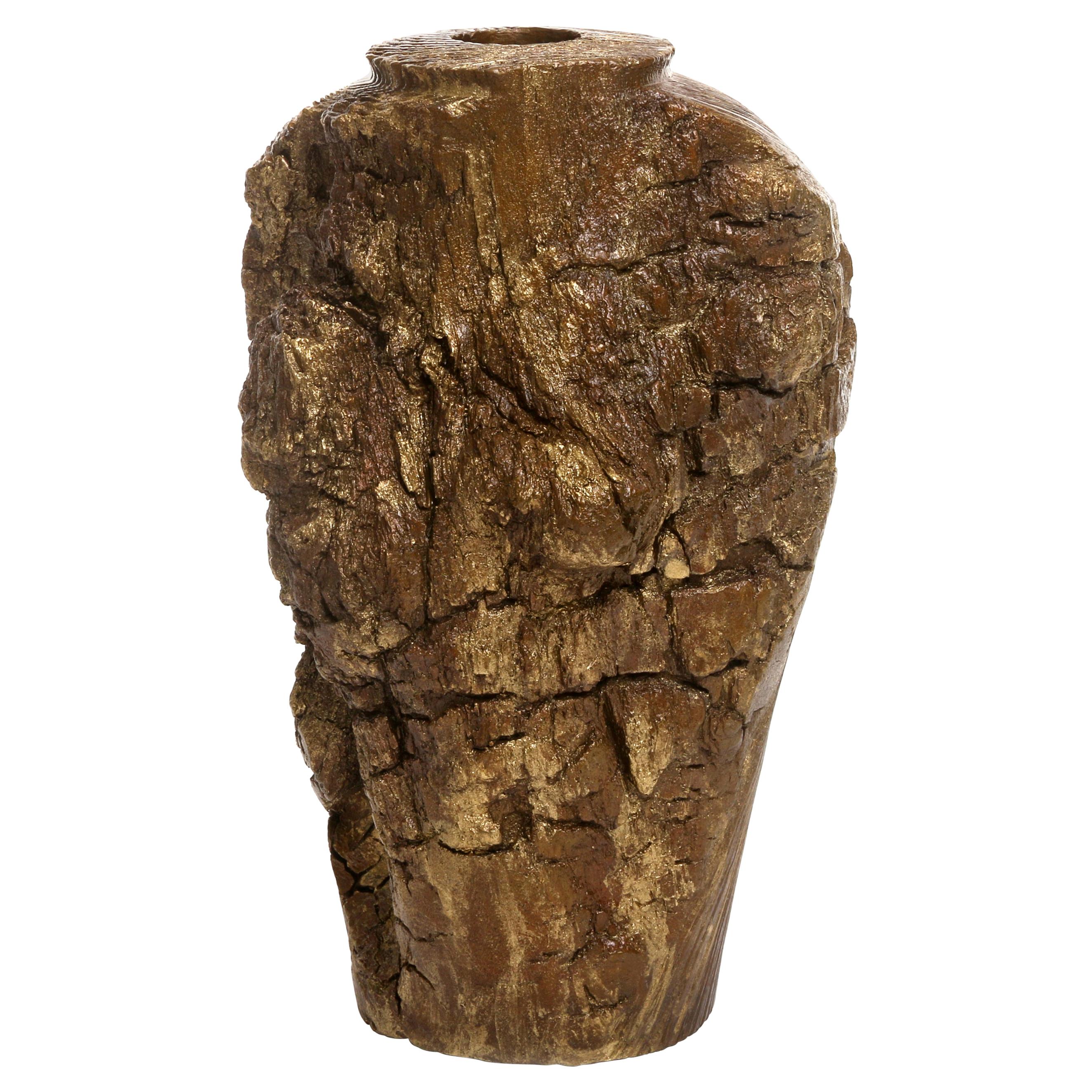 Solid Bronze "Cliff" Vase or Sculpture with Wood Texture in Gold Patina, Large For Sale