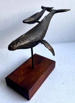 Solid Bronze Desk Top Whale and Calf Sculpture on Wood Base by S. Nelles, 1986
