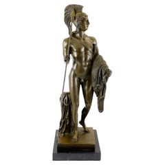 Solid Bronze Figurative Statue of a Warrior with a Spear on a Polished Marble