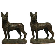Solid Bronze German Shepard Bookends Stamped "1929 Gift House Inc. NYC"