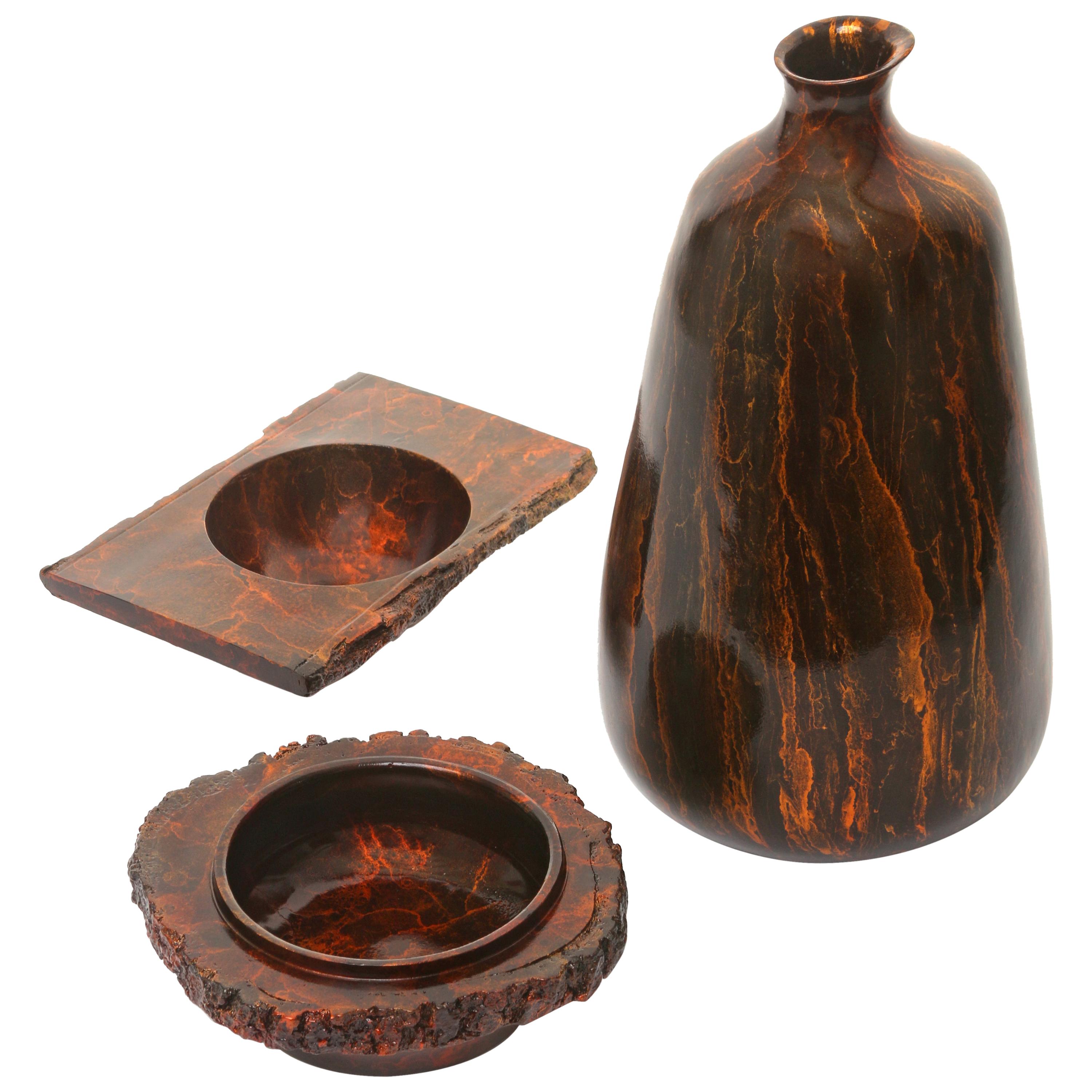 Solid Bronze "Hestia" Vase, "Ember" and "Zion" Vessel Set with Red Patina For Sale