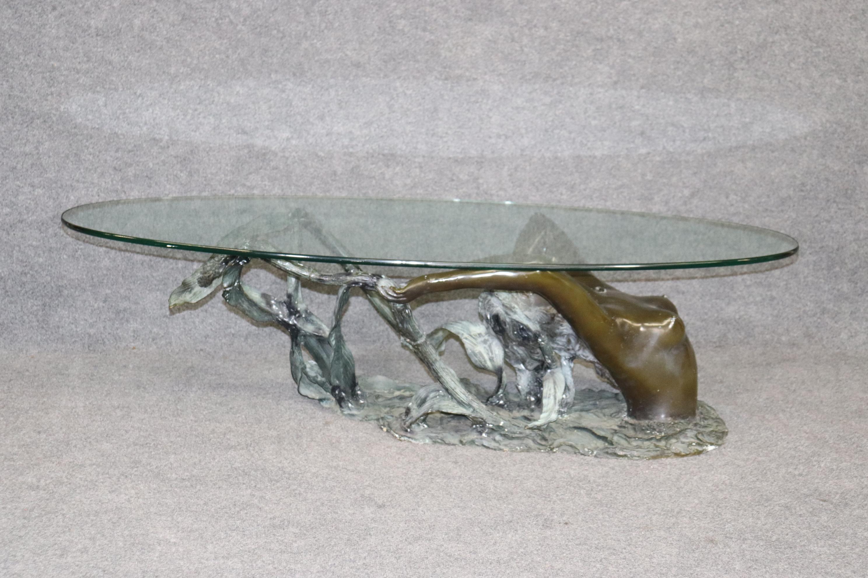 Art Nouveau Solid Bronze Nude Woman Swimming or Mermaid Coffee Table For Sale