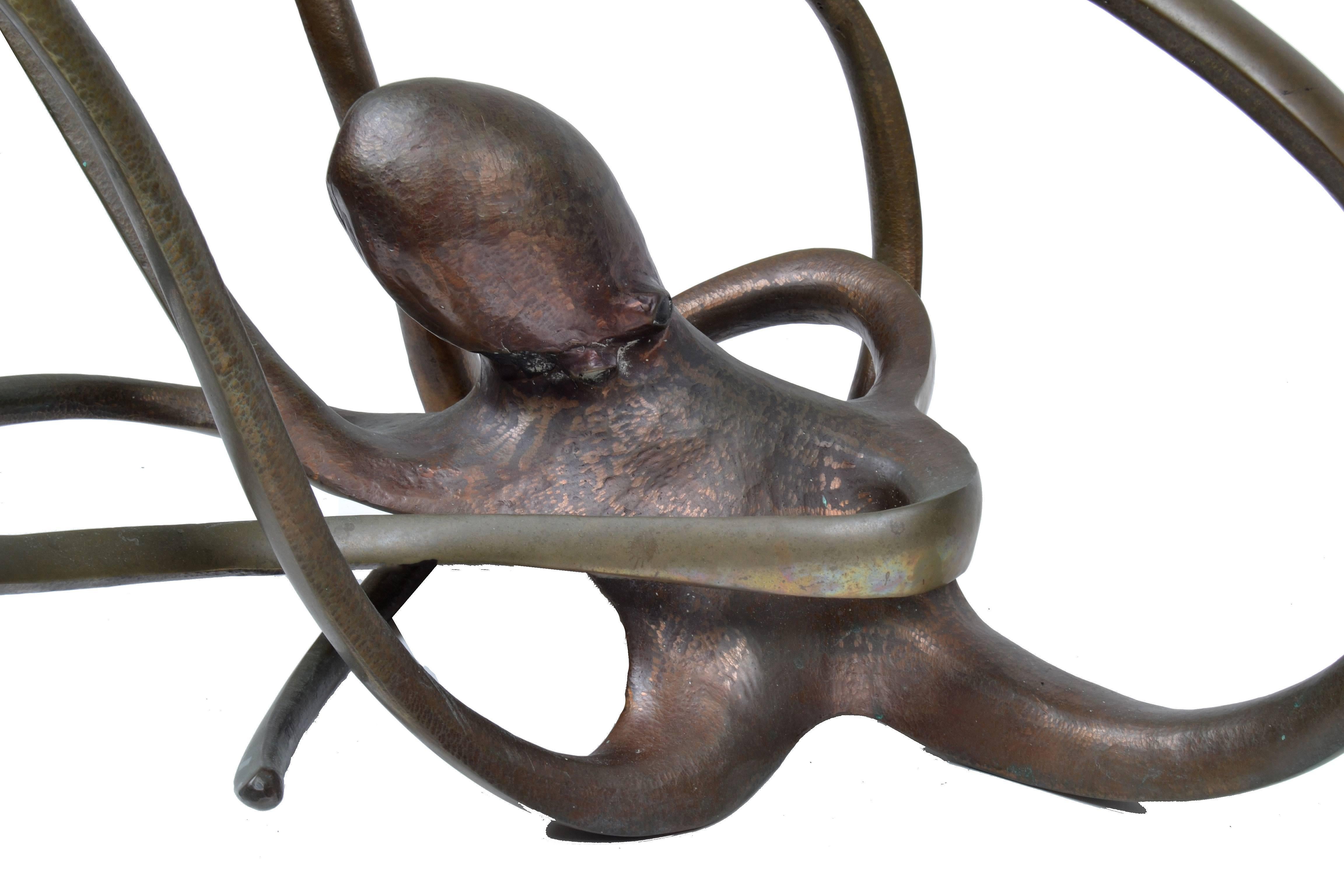 American Sculptural Octopus Coffee Glass Table in Bronze Art Deco Style For Sale
